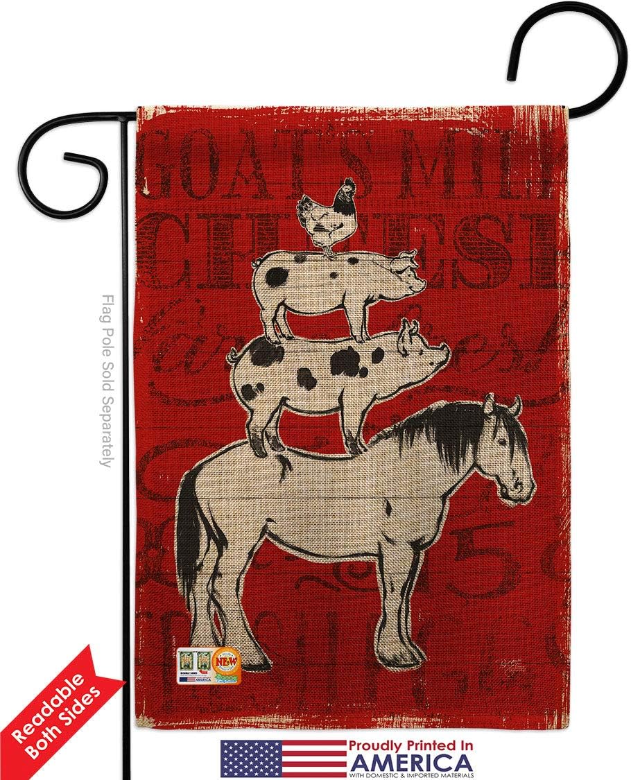 Farm Life Burlap Garden Flag Animals Barnyard Animal Cow Horse Rooster Farmhouse Pet Nature Creature Small Decorative Gift Yard House Banner Double-Sided Made In USA 13 X 18.5