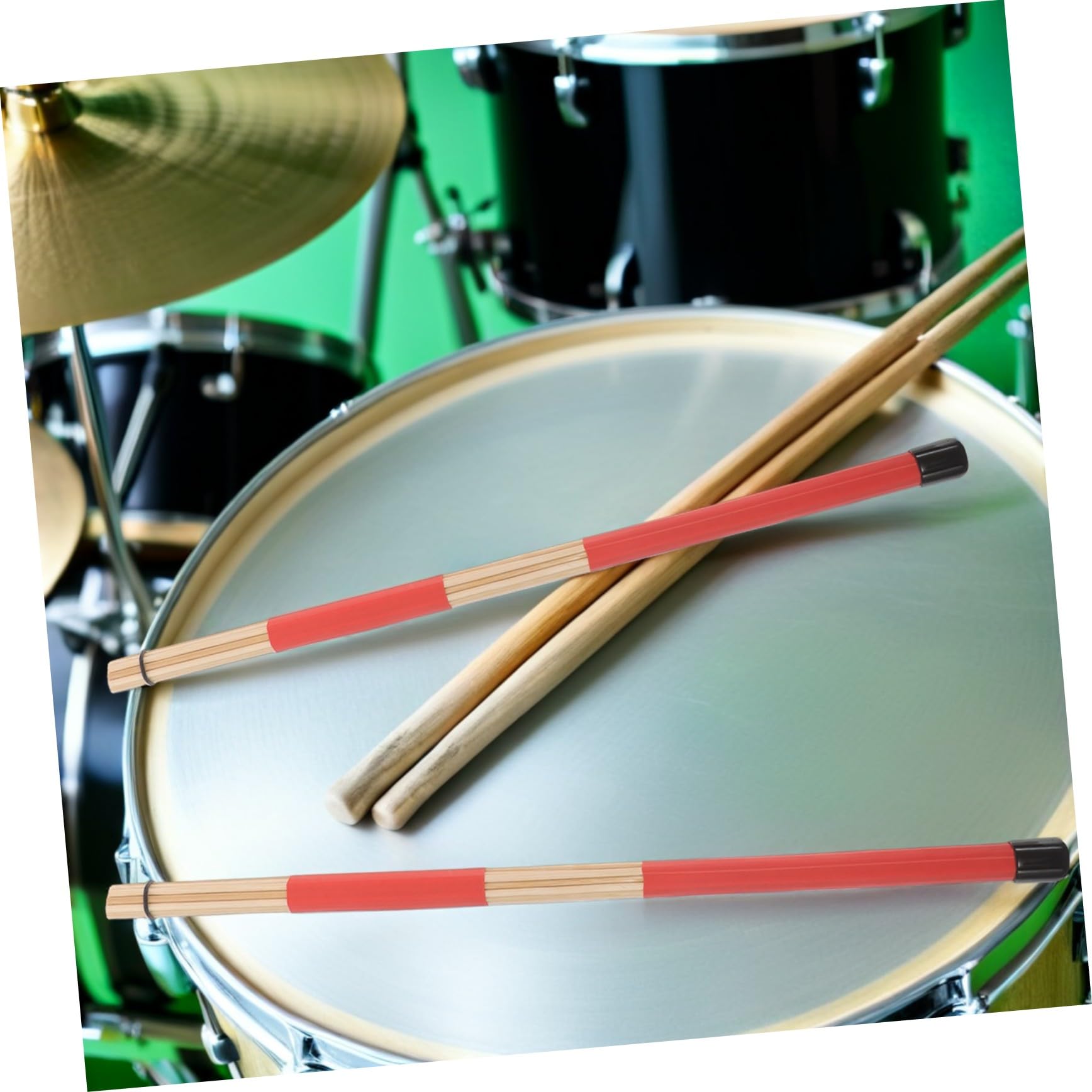 Kit de Accesorios de Percusión Batería con Baquetas de Nylon y Madera, Mazo Antideslizante Rojo y Cepillos Azules con Funda Portátil para Batería Acústica