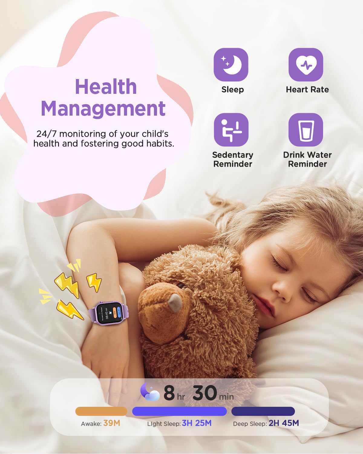 RUXINGX 2025 Smartwatch Bambini, 1,52" Orologio Smartwatch Bambina con 170+ Sports, Pet Digitale,Frequenza Cardiaca, Sonno, Audiolibri, Flashcard, 20 Giochi, Contapassi IP68, 4-12 Anni Regalo, Viola