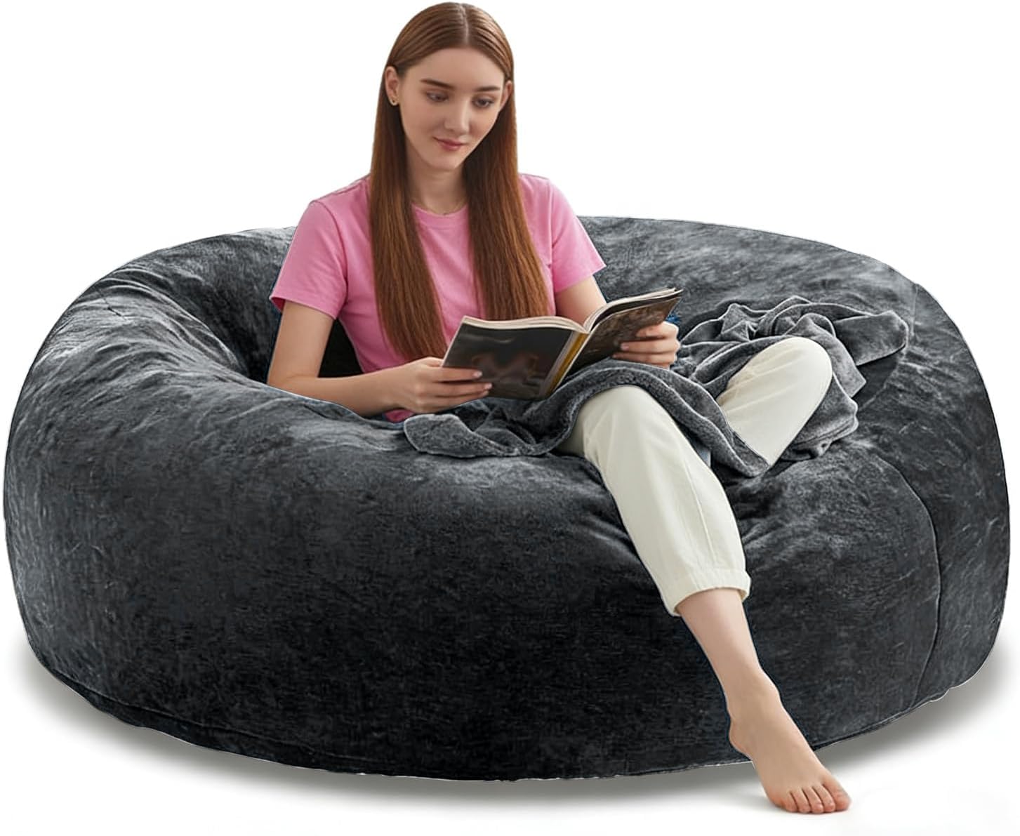6FT，Big Bean Bag Chairs for Adults，Bean Bag Chair with Filler，Memory Foam Chair，Removable and Washable Flannel Cover, Giant Bean Bag, Suitable for Living Room, Bedroom and Reading(Dark Gray, 6 Foot)