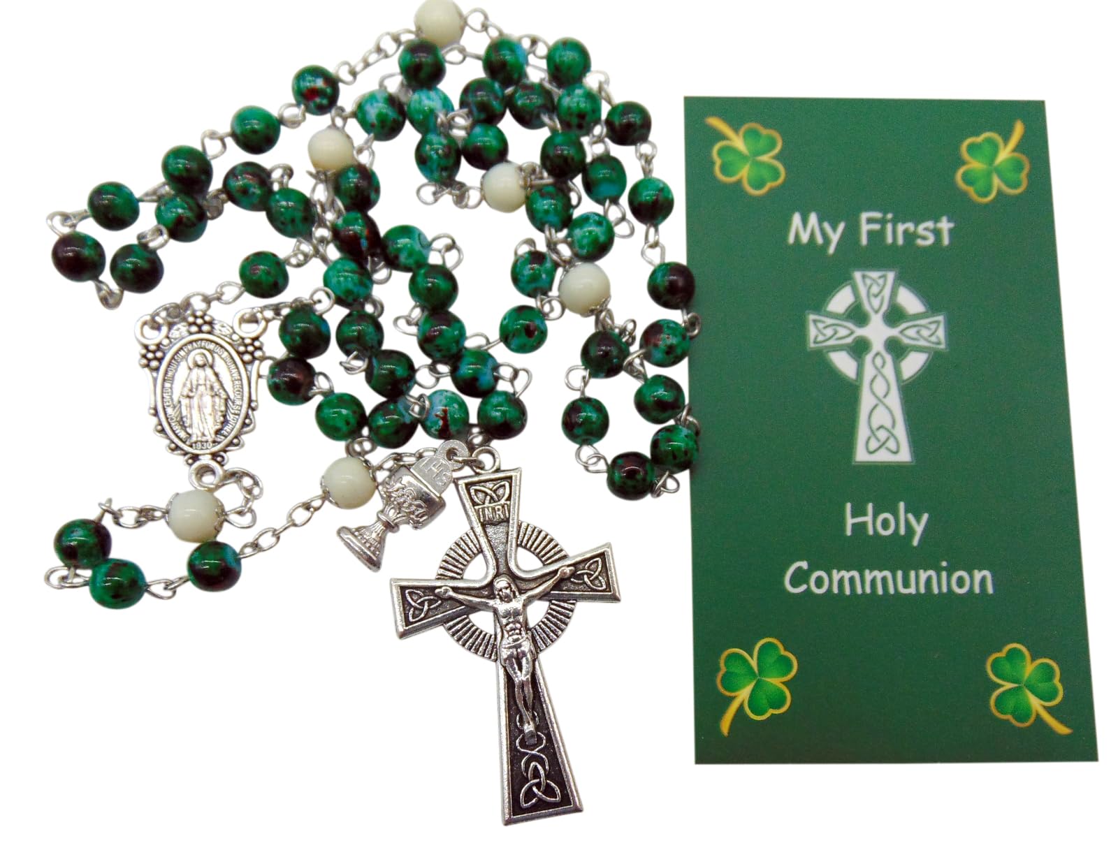 Westmon Works Irish First Holy Communion Rosary Gift Set with Metal Crucifix Charms and Glass Beads and Blessing Holy Card