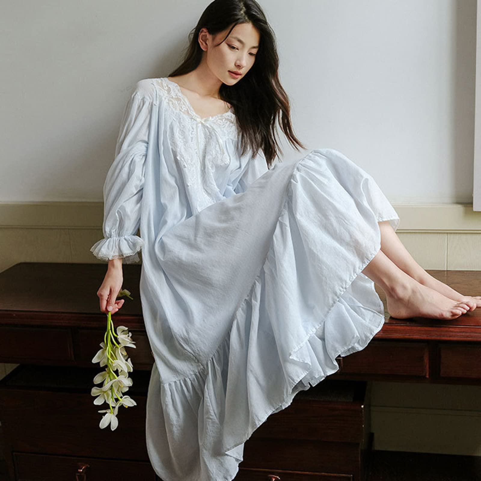 OFFSUM Camisón De Pijama De Mujer - Color Sólido V Cuello Camisón Casual Encaje Elegante Palacio Dulce Camisón Primavera Otoño Loungewear Ropa De Dormir Lencería