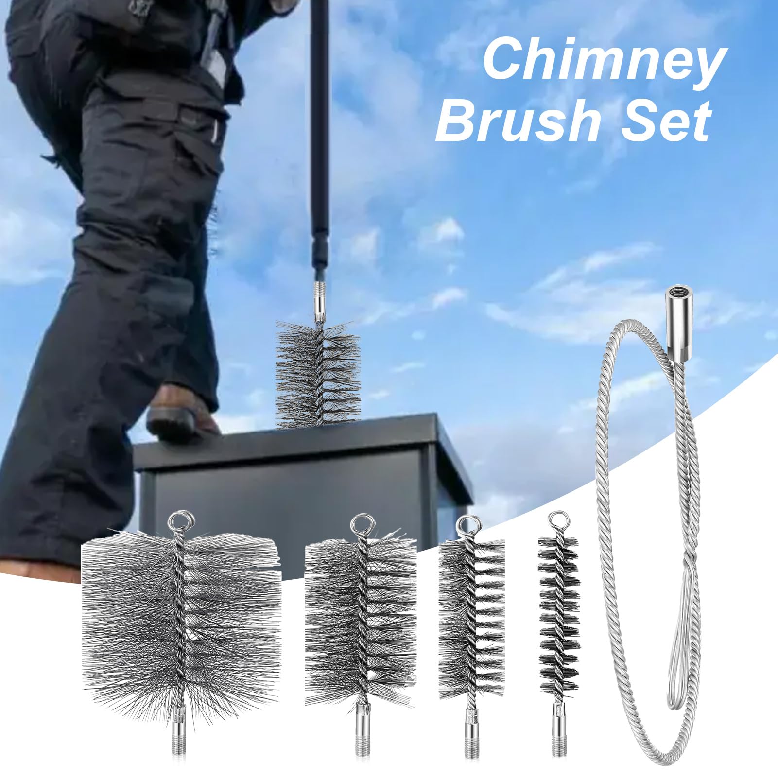 Juego de Cepillos para Limpieza de Tubos de Estufa,Cepillo Limpiador de Tubos para Chimeneas Acero Inoxidable - Kit Completo Limpieza Flexible Secadoras Calderas Parrilla Hogar