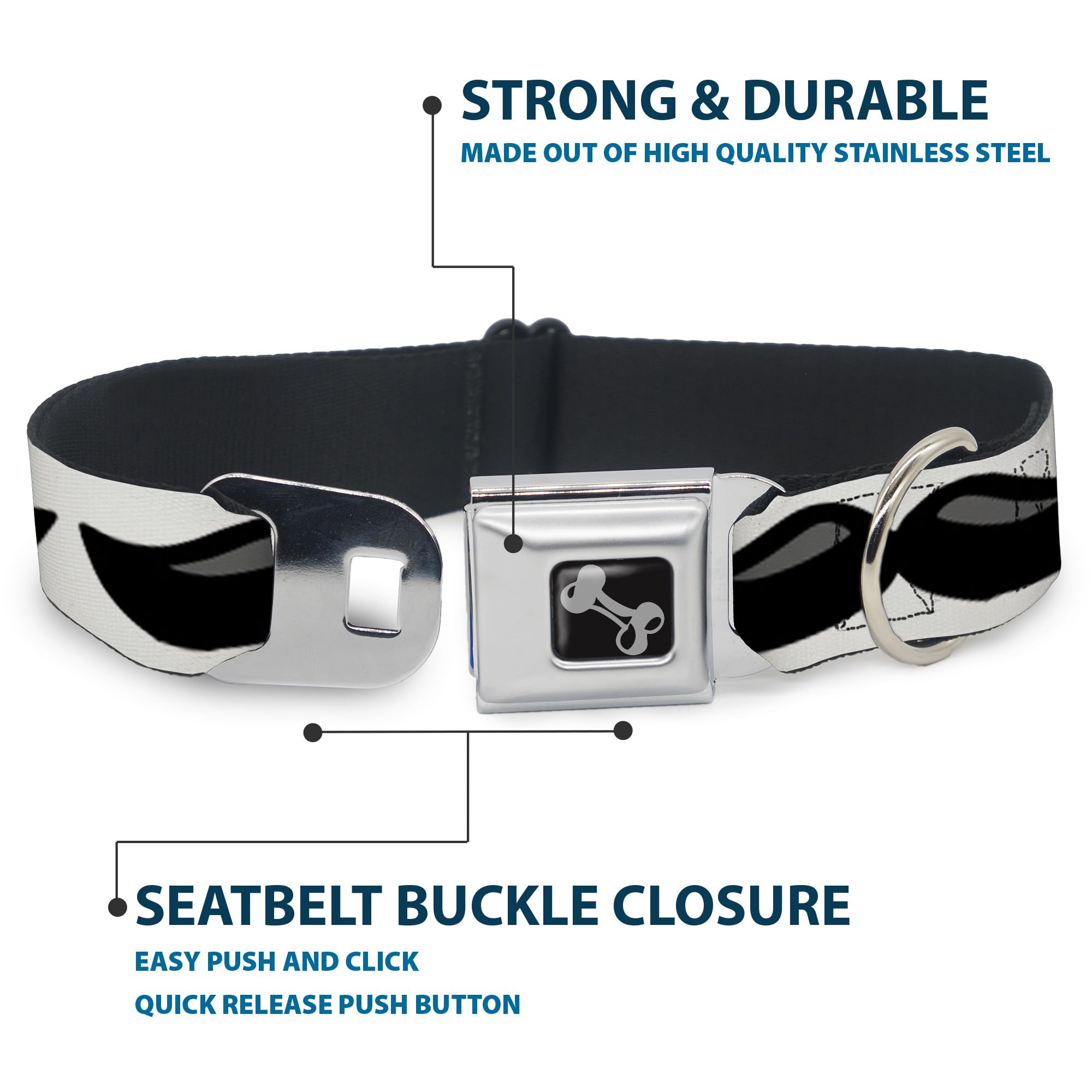 Buckle-Down Plastikowa obroża dla psa 33-45 cm biała/czarna kość wąsy, szeroka, mała
