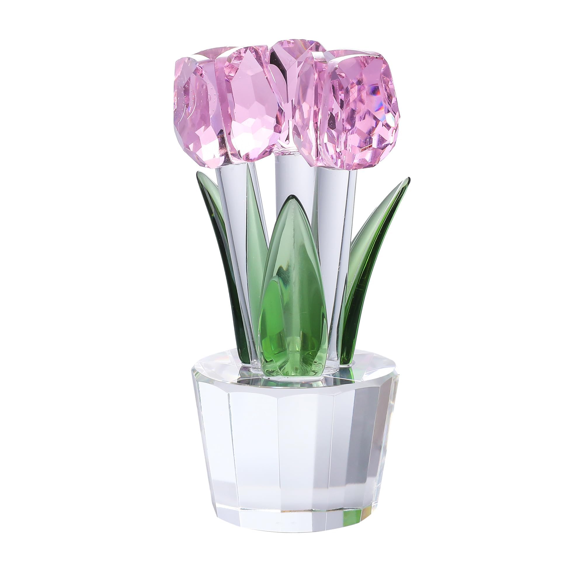 TERRIFI Pink Crystal Tulips Flower Figurines with Vase, Glass Flower Bouquet Collectible Figurines, Office Home Decor Ornaments, Tulip Gifts for Girl, Mom, Bestfriend, Valentines, Wedding Anniversary