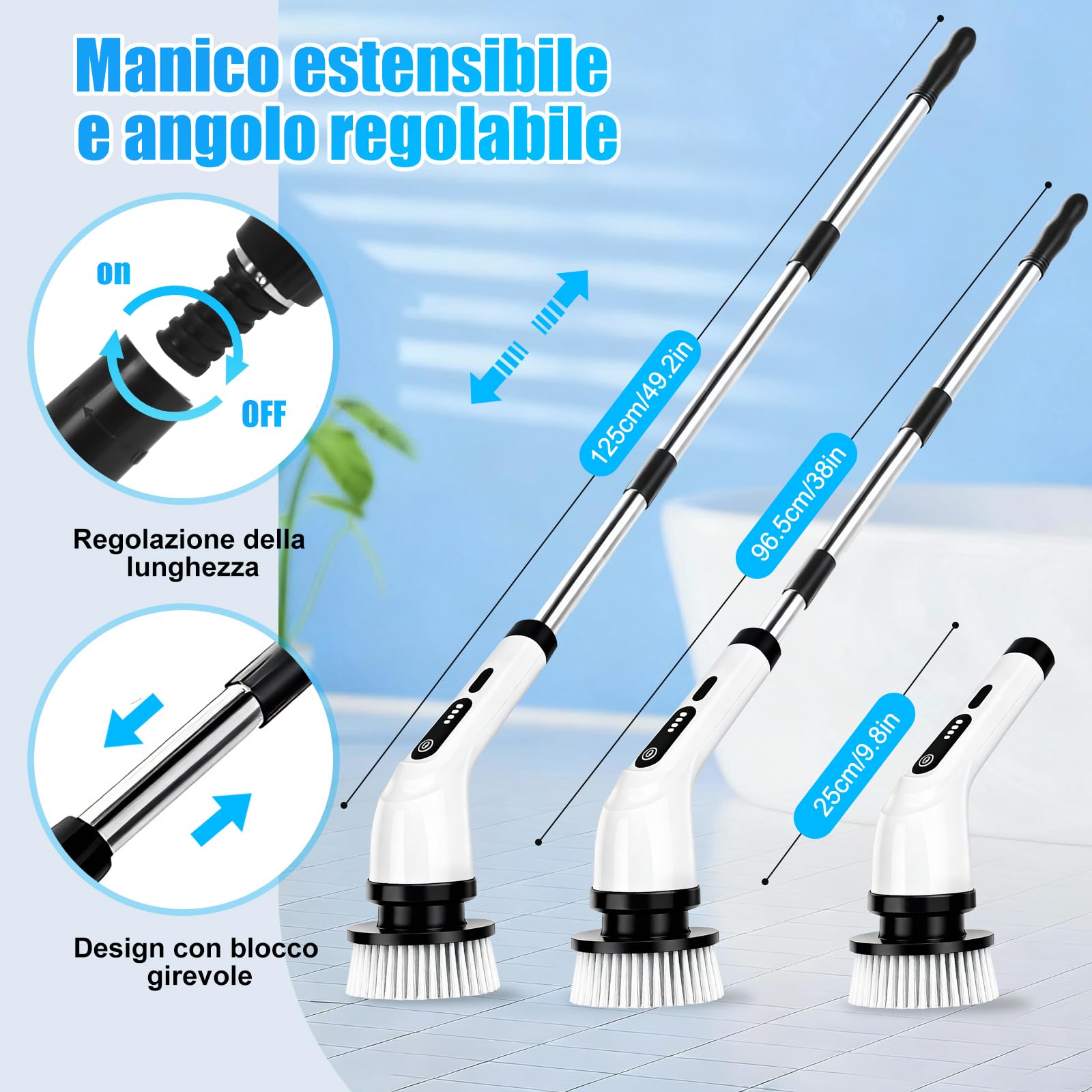 PATEMZON Spazzola Elettrica Rotante, 9 in 1 Spazzola Rotante Pulizia Casa-IPX7, Doppia Velocità e Manico Estendibile, Spazzola Elettrica per Doccia, Cucina, Auto, Piastrelle, Pareti, Pavimenti