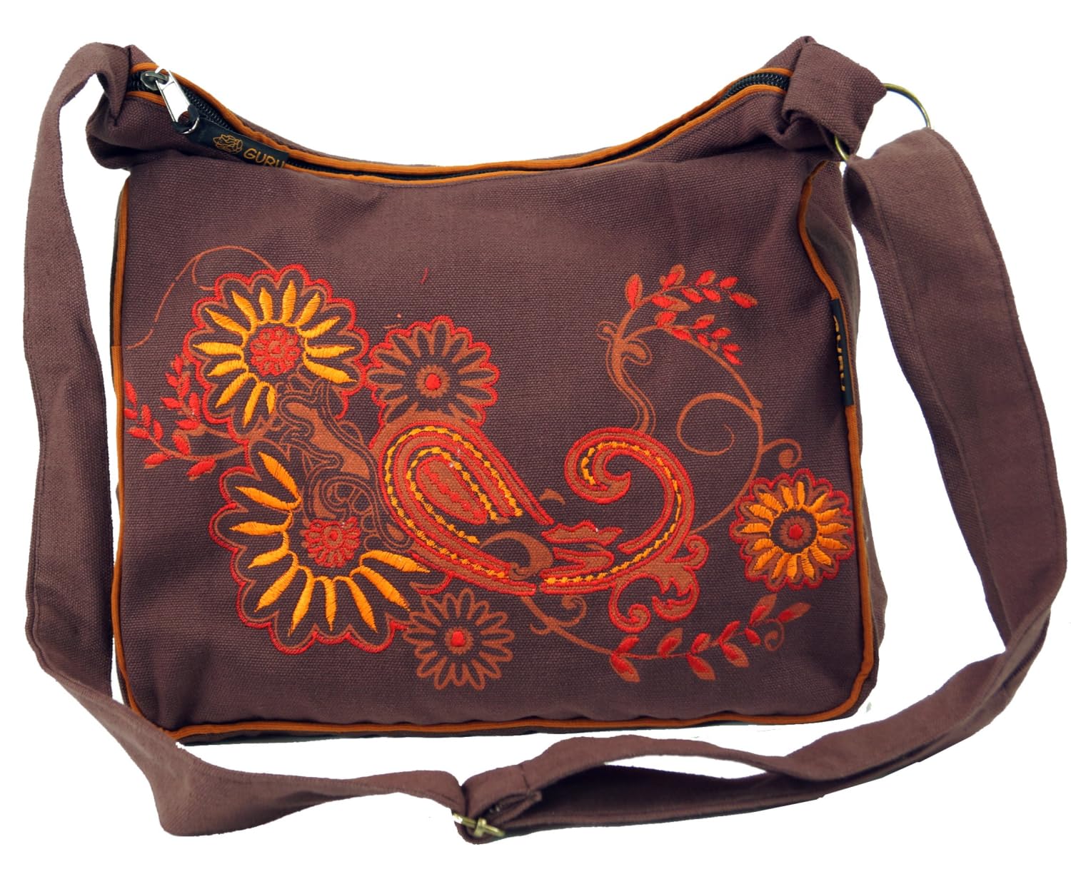 Guru-Shop Sac Bandoulière Hippie Brodé - Coton Équitable - Marron - Homme Et Femme - 23x28x12 Cm