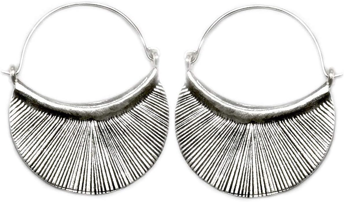 Handmade Sterling Silver Crescent Boho Hoop Earrings, Half Moon with Etched Lines Hippie Ethnic Tribal Style, Medium Size 1 x 1 5/16 inches, Gift for Her