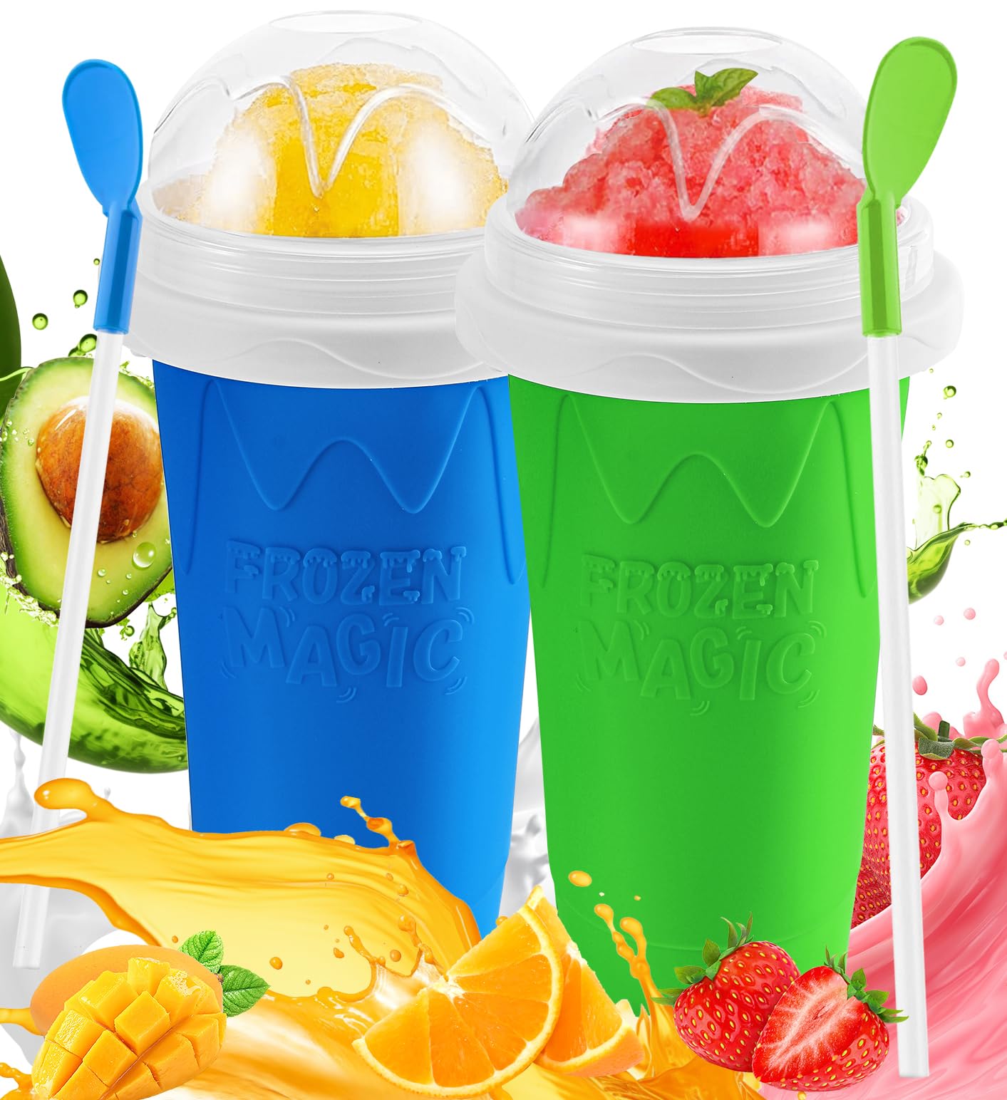 Slushie Cup, 2 Pack DIY Magic Slushy Maker Cup, Portable Frozen Slushy Cups for Juice Milk Yogurt Ice Cream Make, Reusable Smoothie Cup with Lid & Straw for Kids Family Friends (Blue+Green)