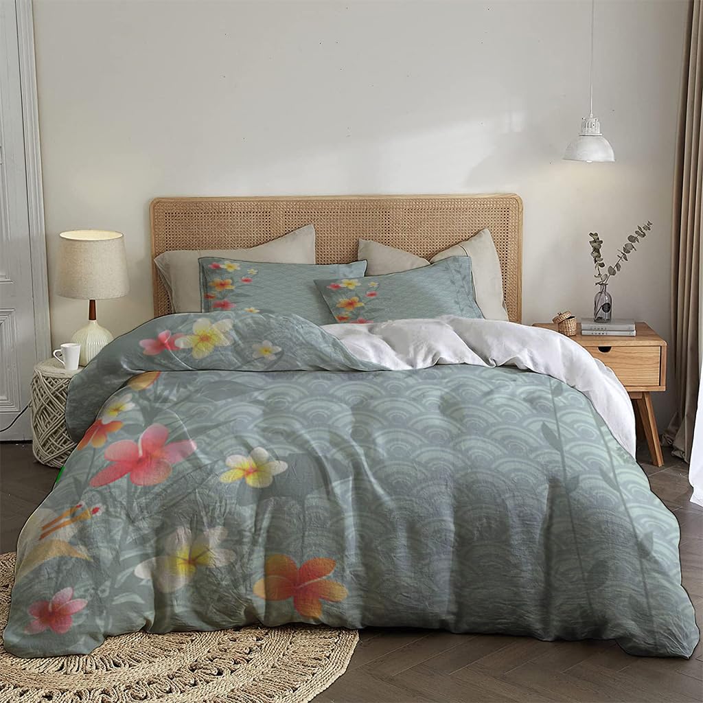 Duvet Cover Abstract Floral With Light Green Japanese Style Waves Soft & Breathable, Durable Comfy Bedding Set for All Seasons