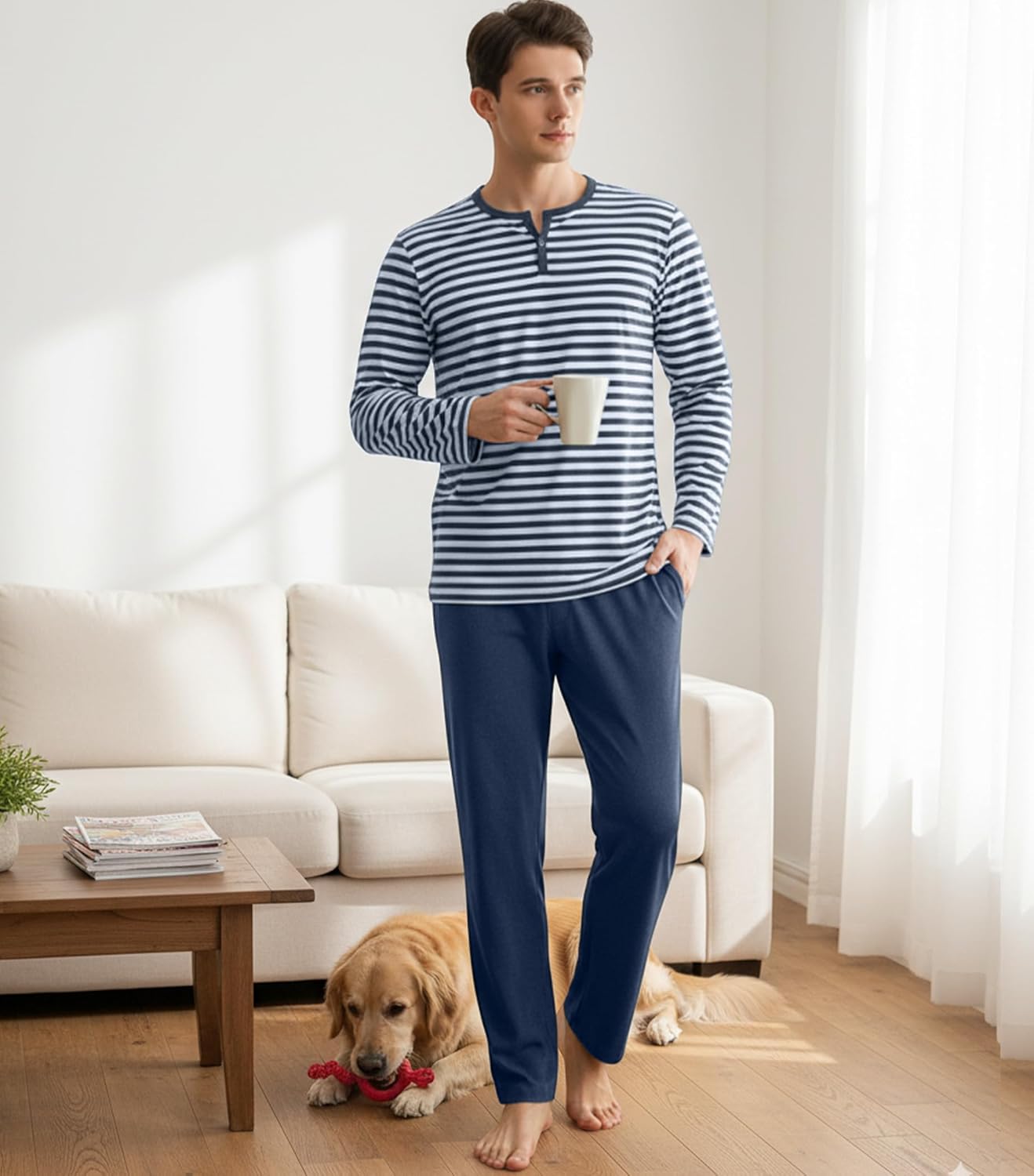 DAVID ARCHY Men's Pajamas Set 100% Combed Cotton Henley Loungewear Relaxed Fit Sleepwear with Pockets - Image 3