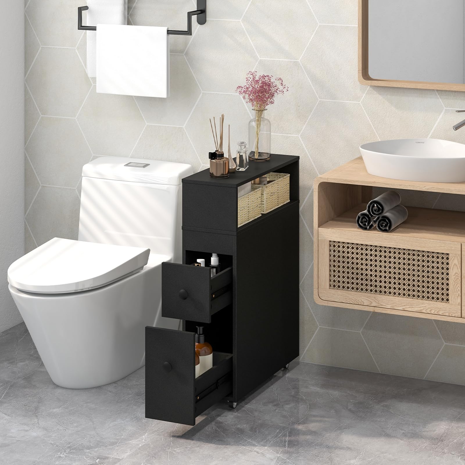 COSTWAY Mobile Bagno 50 x 19 x 72 cm, Arredo Salvaspazio con 2 Cassetti, 2 Cesti in Rattan, Ruote e Ripiani, Armadietto Stretto per Spazi Ridotti, Salotto e Cucina (Nero)