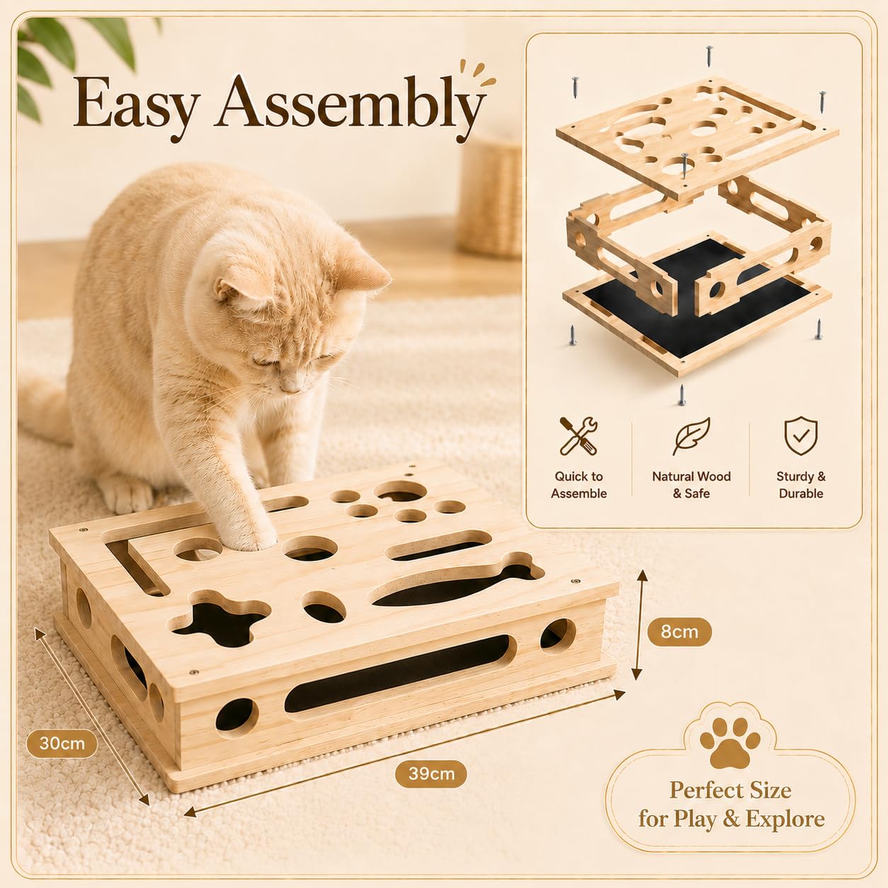 Boîte d'Enrichissement pour Chat, Boîte à griffer en Bois pour Chat, Grand Jouet d'enrichissement, 39 x 30 cm, Jouet Chat Interieur en Bois avec Lime à Ongles, Papier de Verre et 3 balles