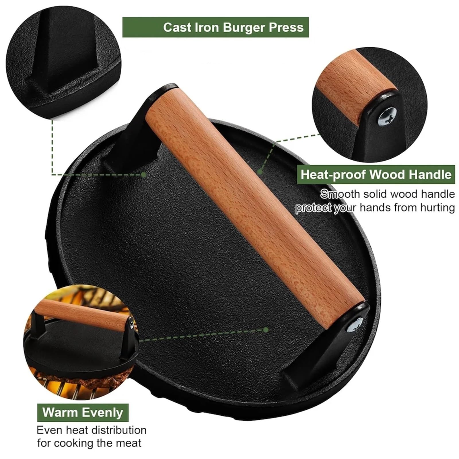 Prensa For Hamburguesas, Redonda De Hierro Fundido Resistente For Tocino, Filete Carne con Mango Madera For Plancha, Sándwich(Cast Iron Rectangle)