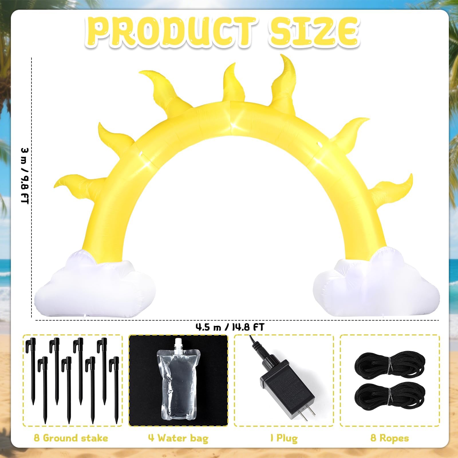 Arco inflable de sol de verano de 10 pies con luz LED, arco inflable para verano, cumpleaños, baby shower, playa tropical, piscina, fiesta, patio, césped, decoración de telón de fondo