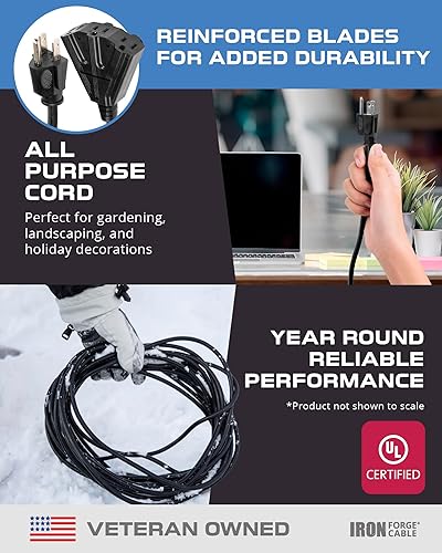 Miniatura 13 de Iron Forge Cable Paquete de 2 cables de extensión negros de 50 pies con 3 tomas, cable de extensión SJTW de 16/3 de 50 pies, 3 clavijas, cable
