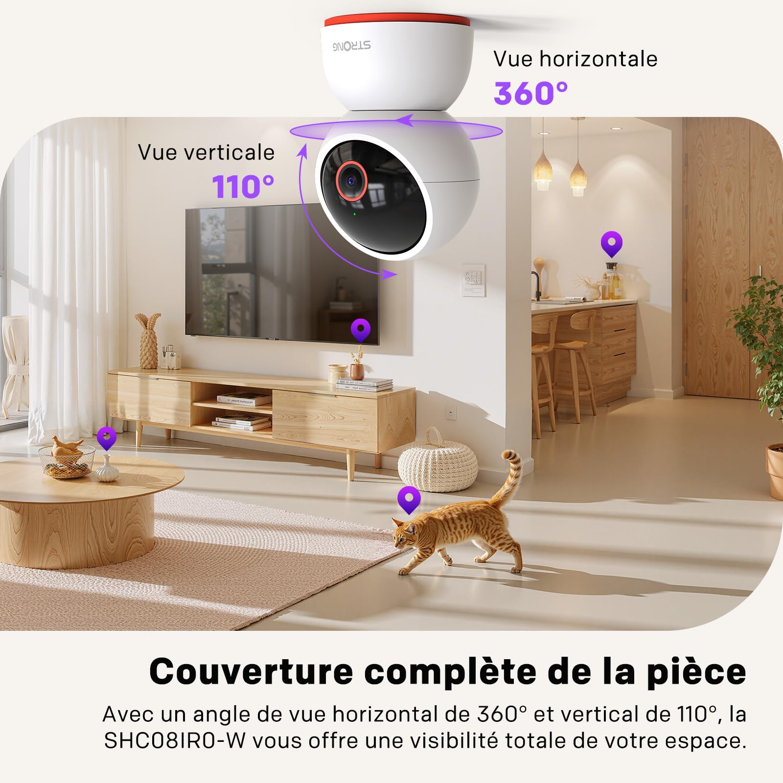 STRONG - Caméra de sécurité intérieure Smart Home 8MP, 4K, Vue panoramique 360, Alerte Mouvement, Compatible Wi-FI, Application de contrôle, Montage sur Table