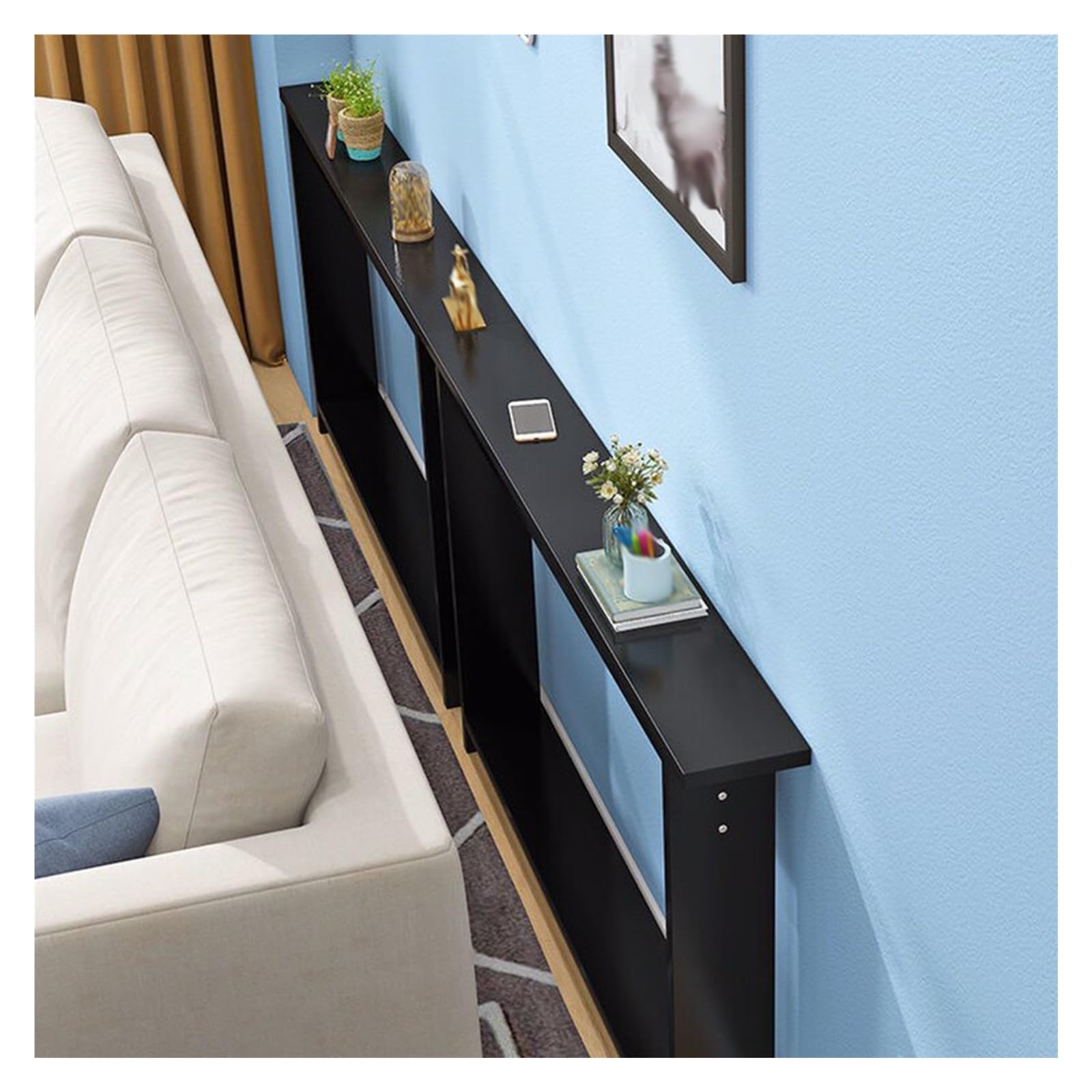 Mesa de entrada minimalista de gran longitud con encimera de almacenamiento lineal