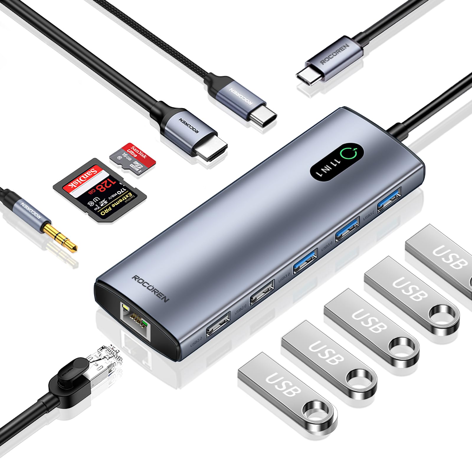 Rocoren Station d'accueil USB C, Adaptateur multiport 11 en 1 pour Ordinateur Portable avec 4K-HDMI, Port USB 3.0, Type C PD 100 W, Ethernet RJ45, Lecteur de Carte SD/TF, AUX 3,5 mm pour MacBook Pro/