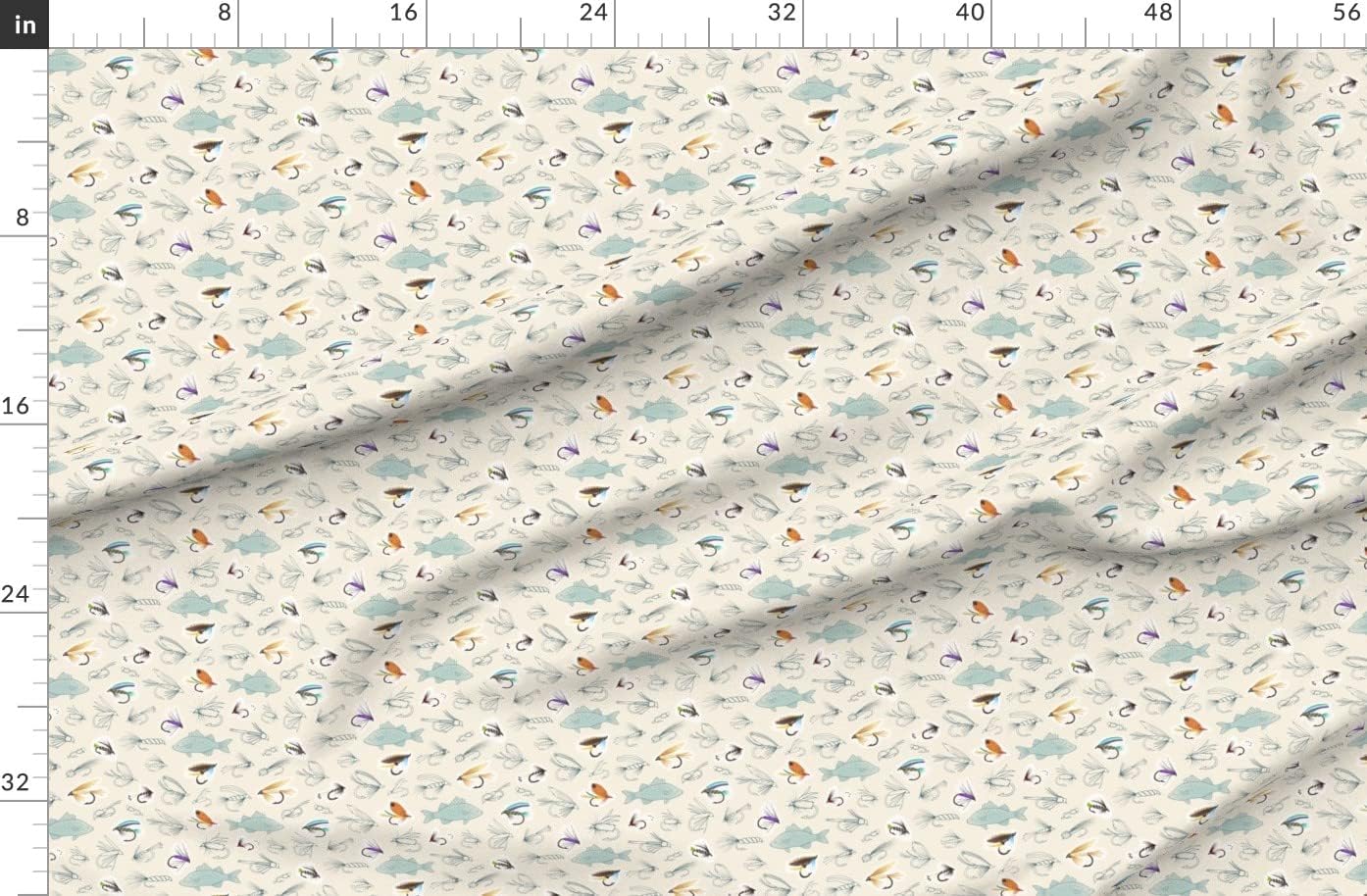 Spoonflower Fabric - Fishing Cream Medium Scale Lure Fly Drawing Fish Hook Printed on Organic Cotton Sateen Fabric by The Yard - Sewing Quilting Apparel Home Decor
