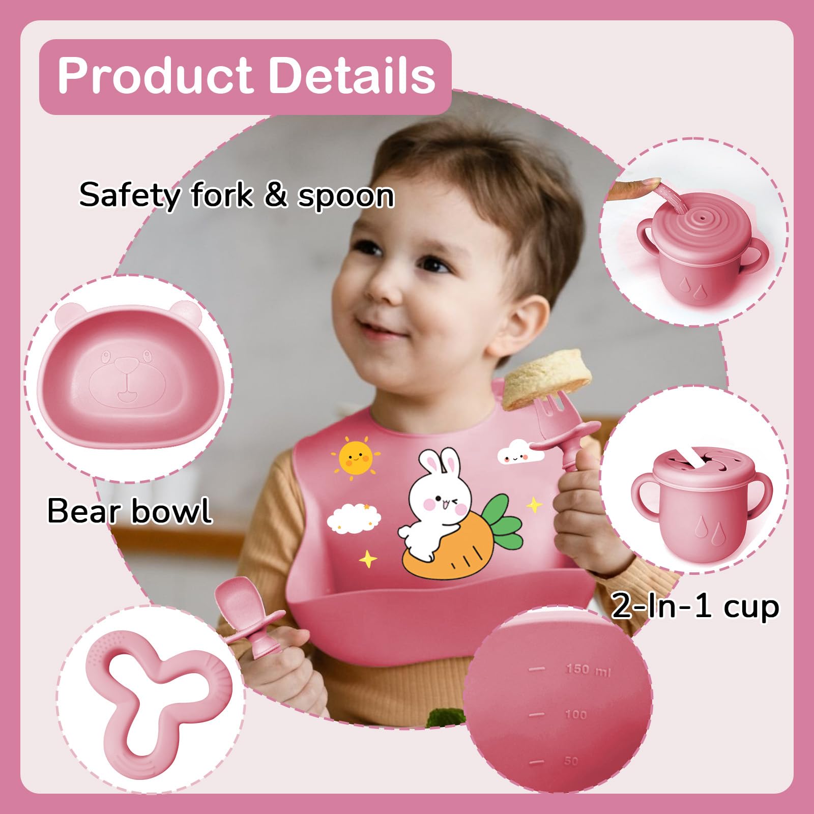 Coffret Repas Bebe 11 pièces, Vaisselle Antiderapant pour Bébé Set Silicone avec Ventouse Assiette Bol Fourche Cuillère Bavoir et Tasse, Enfant Set Couverts Vaisselle Pour Sevrage Manger (Rose foncé)