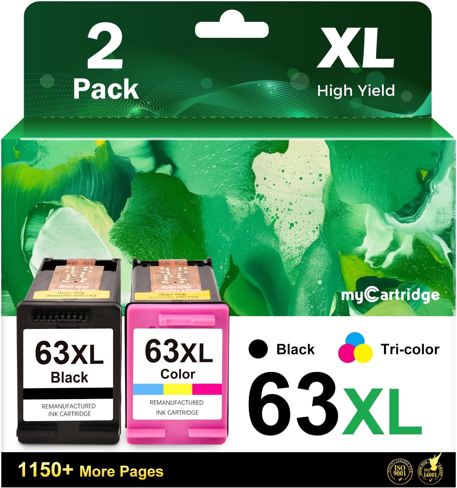 myCartridge 63XL Ink Cartridges Remanufactured for Ink 63 XL for HP 63 Ink Cartridges Black and Color Combo Pack for Envy 4520 Officejet 3830 4650 4655 5255 DeskJet 3630 Printer Ink Cartridge (2 Pack)