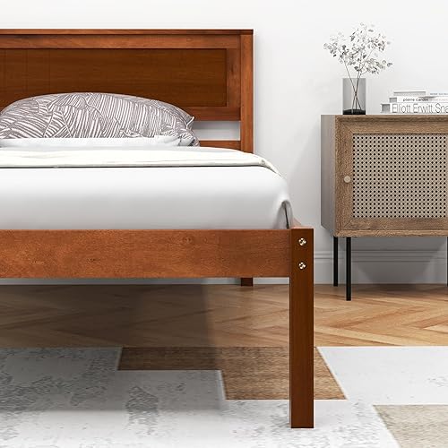 Miniatura 8 de Giantex Cama de plataforma de madera individual con cabecero, marco de cama de madera maciza de mediados de siglo con soporte de listones de madera,