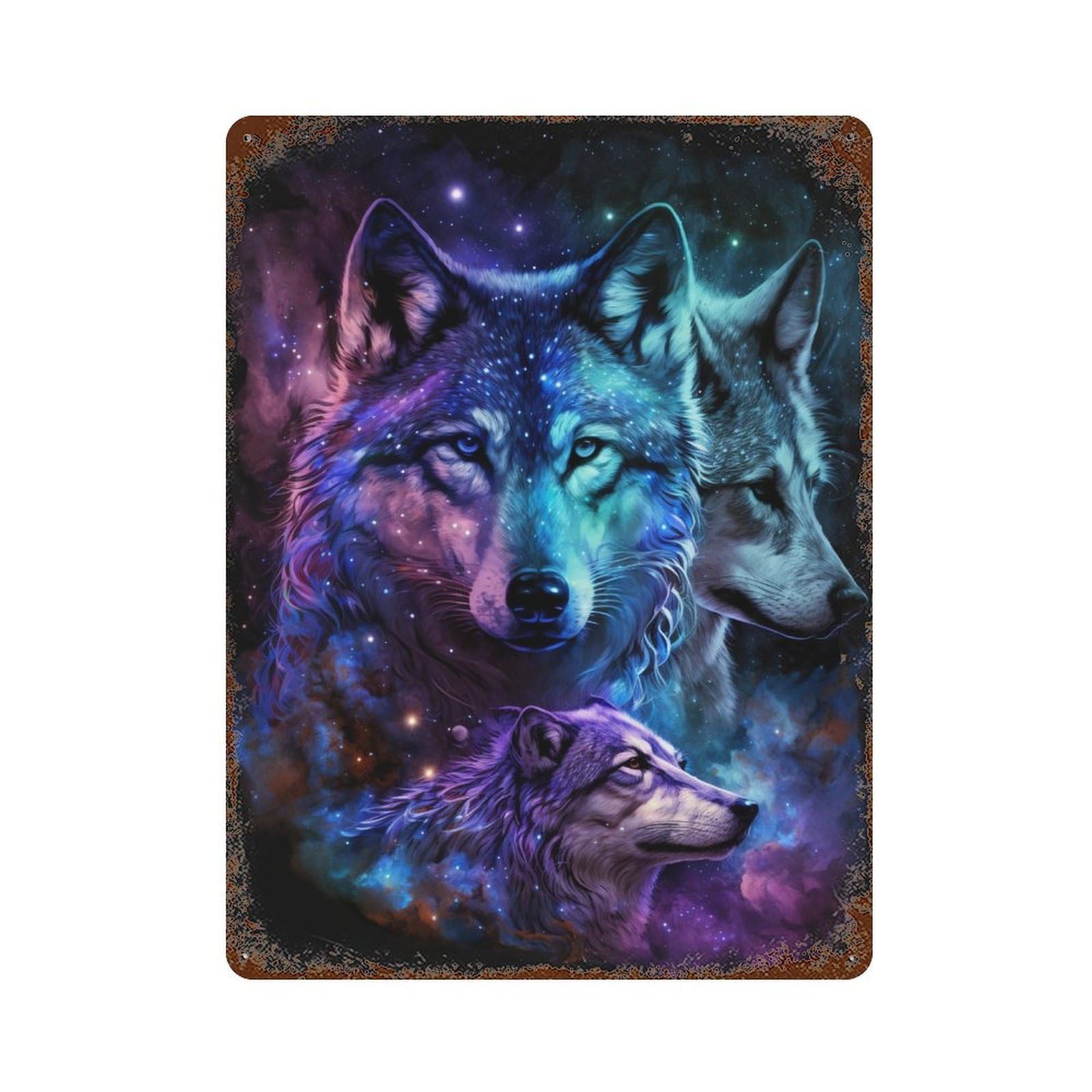Garage Style Cosmic Wolf Trio Art Print-1 Rusty Metal Tin Sign 15.7"x11.8", Classic Wall Plaque for Bar And Workshop