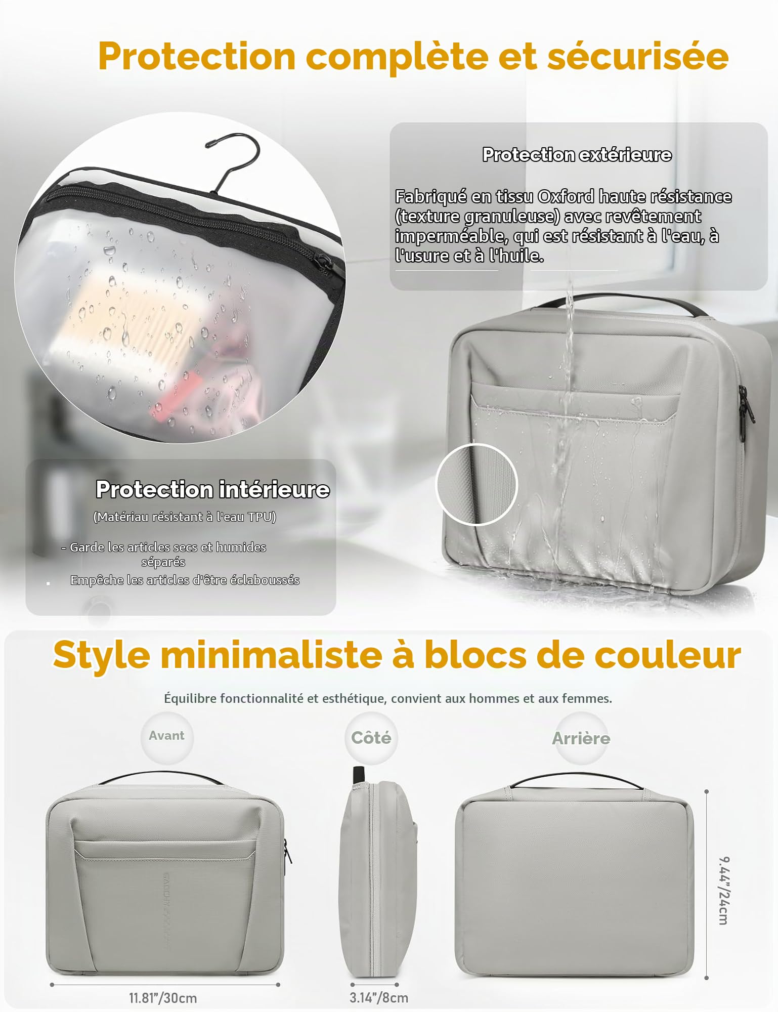 Trousse de Toilette Suspendue Hommes Femmes Sacs Voyage Trousse à Maquillage Imperméable Pliable Grande Capacité Organisateur Sac Articles de Toilette Format avec 5 Compartiments, Soie Gris-M