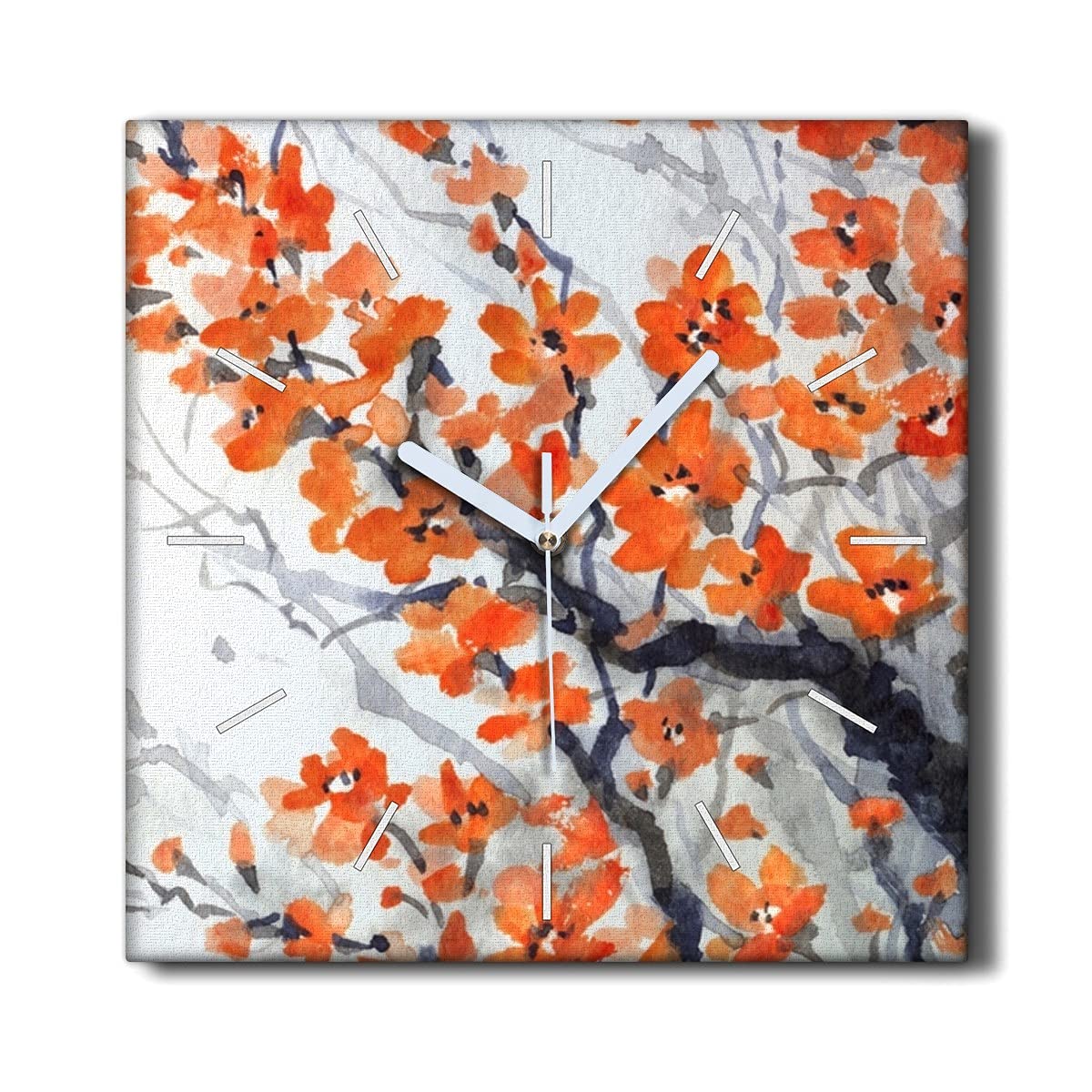 Horloge sur Toile Silencieuse pour Salon Décoration Murale Apaisante Fleurs Encre 30x30