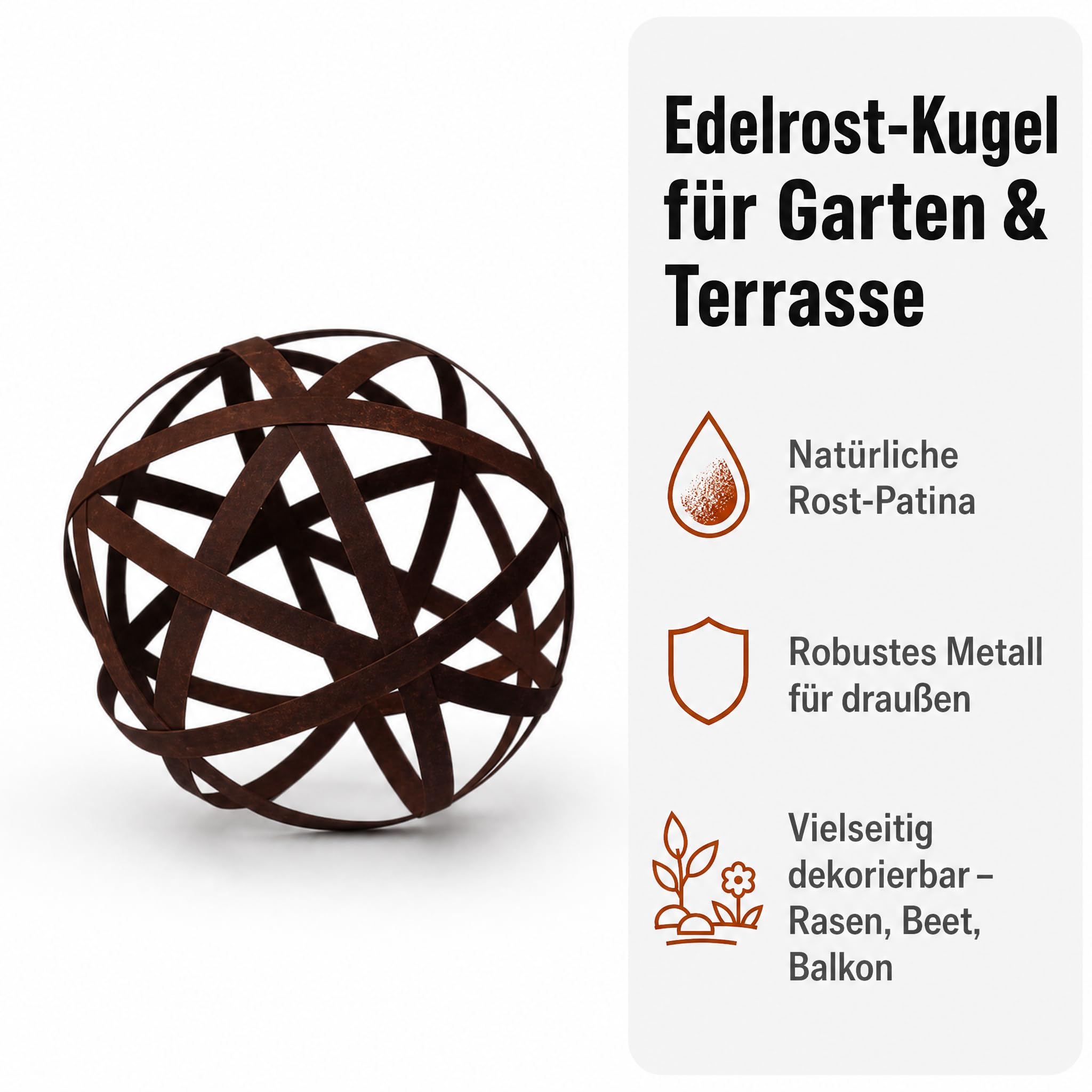 Gartendeko für draußen wetterfest – Rostdeko Kugel aus Metall in Edelrostoptik, offenes Streifen-Design, Ø 30 cm, Gartenkugel für Garten, Terrasse & Balkon