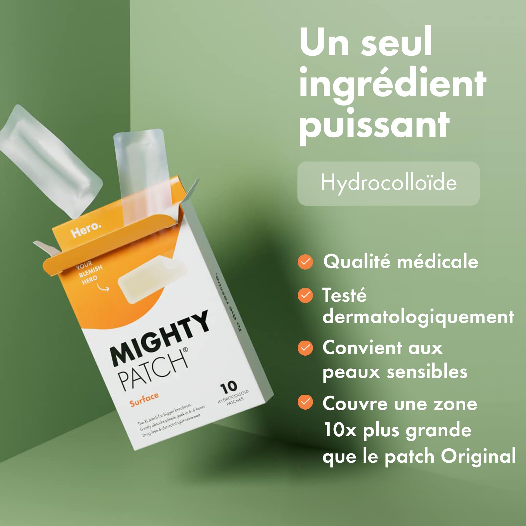 Mighty Patch Surface Pickel-Patches von Hero Cosmetics, XL-Hydrokolloid-Pflaster, Aknebehandlung für Tag & Nacht, 10 große Pflaster für Gesicht & Körper (Packung mit 2)