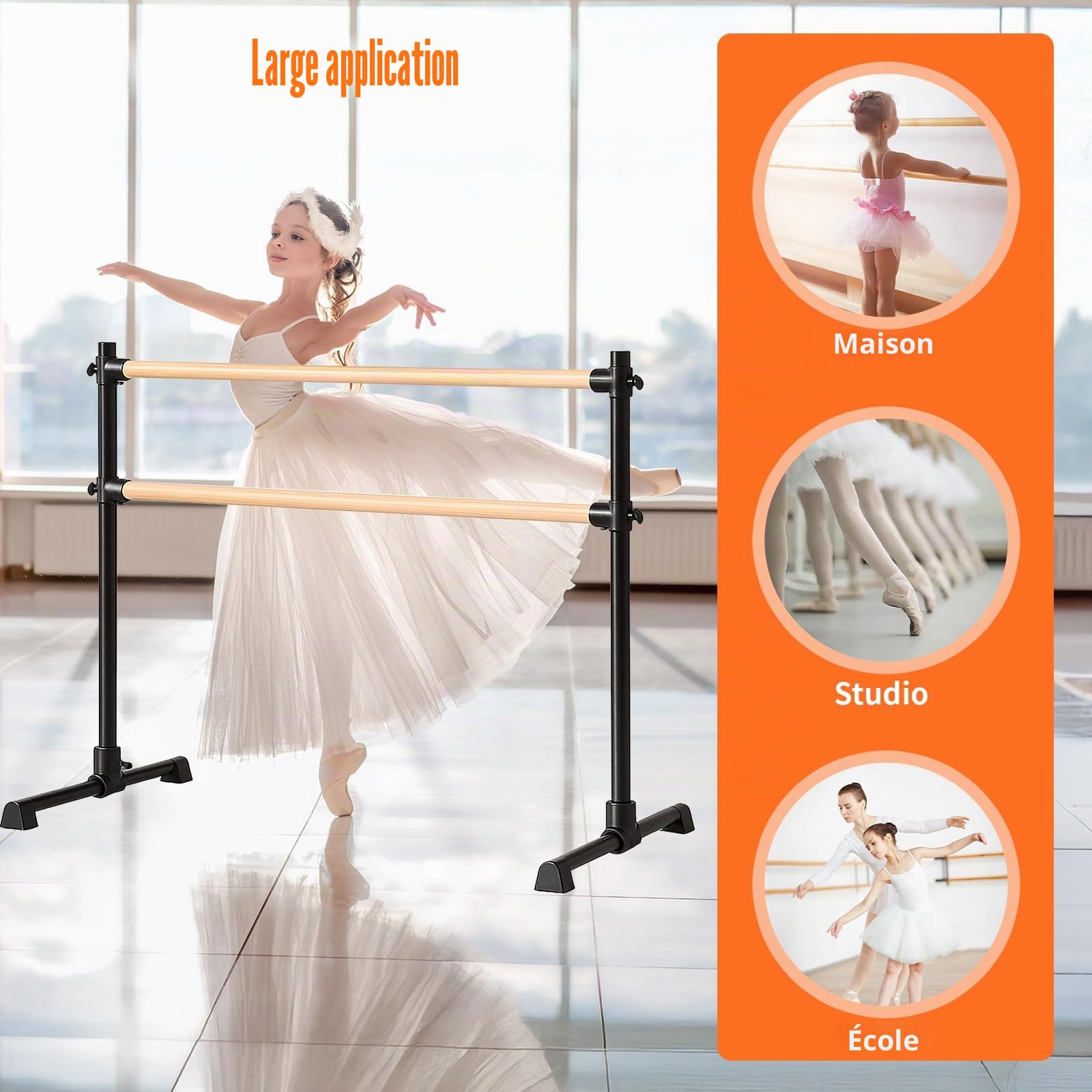 Double barre de ballet autoportante – Barre de ballet réglable en hauteur, barre de danse portable avec pieds antidérapants pour filles, enfants, adultes, fitness, yoga, entraînement à