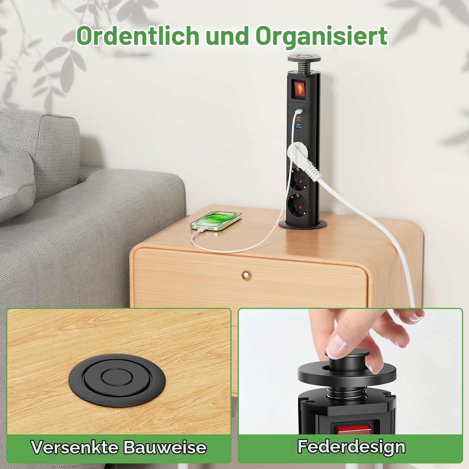 3 Fach Versenkbare Steckdose USB C PD20W mit Schalter, Einbausteckdose Versenkbar mit Schalter, Tischsteckdose Versenkbar für Arbeitsplatte Büro Küche Werkstatt, 1.8M Kabel, Schwarz
