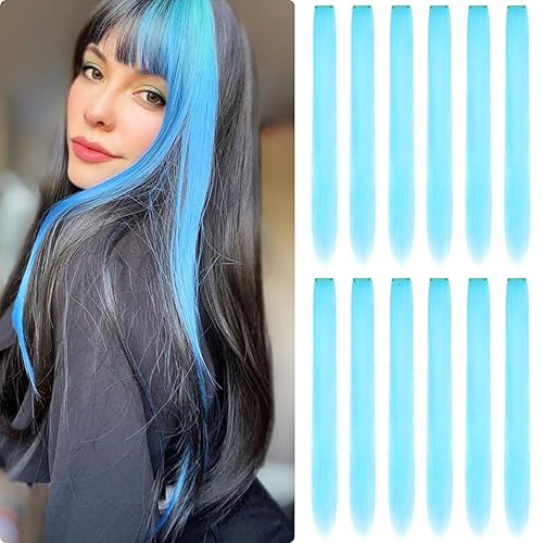 Miniatura 1 de Fanguilar Extensiones de cabello de colores, 12 piezas de 24 pulgadas, extensiones de cabello con clip azul Tiffany con clip, arco iris, un color,