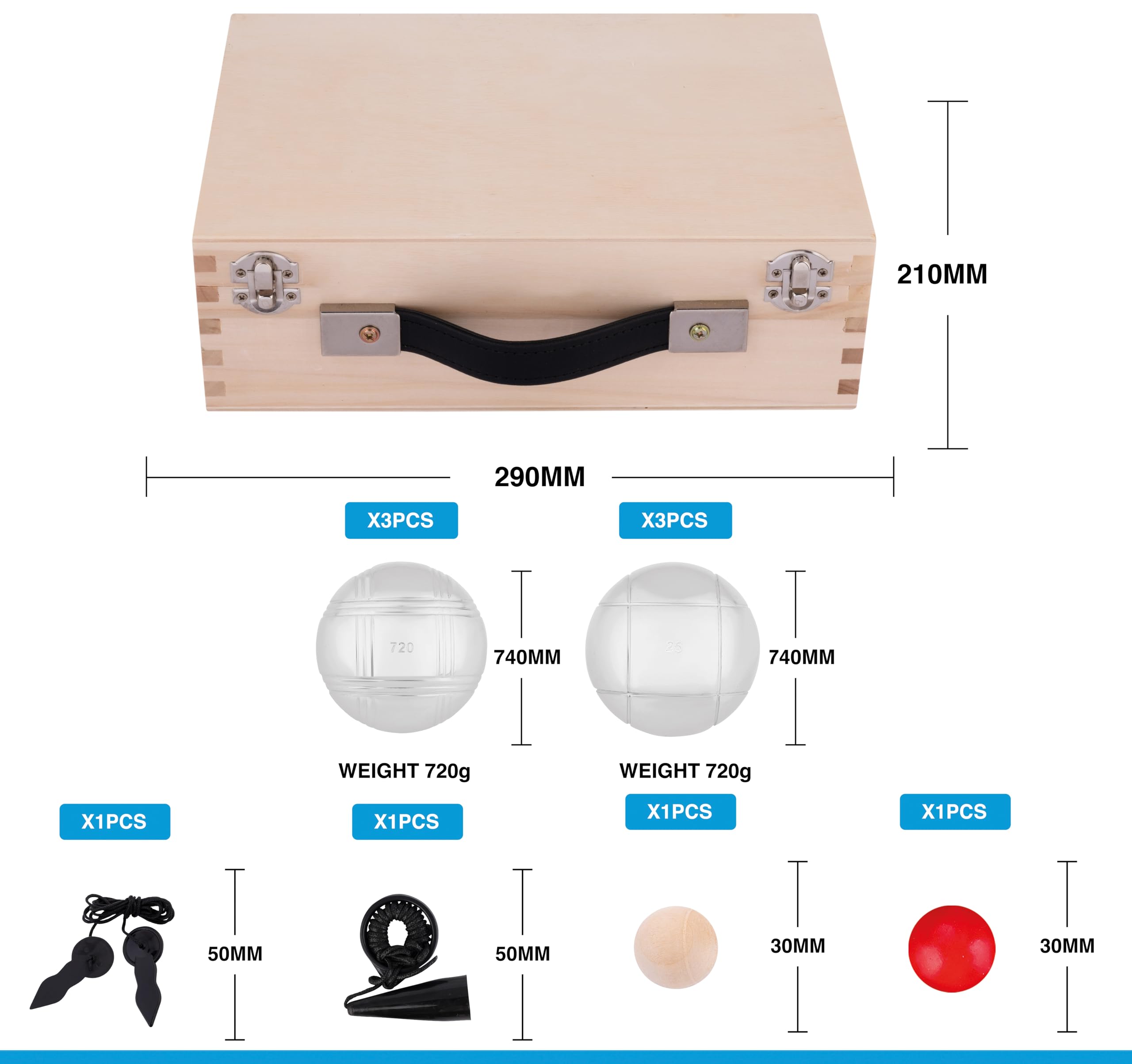 Engelhart - 010205 - Set Bocce di Lusso, 2 x 3, con Cassetta in Legno - Petanca - Triplette da 720 g