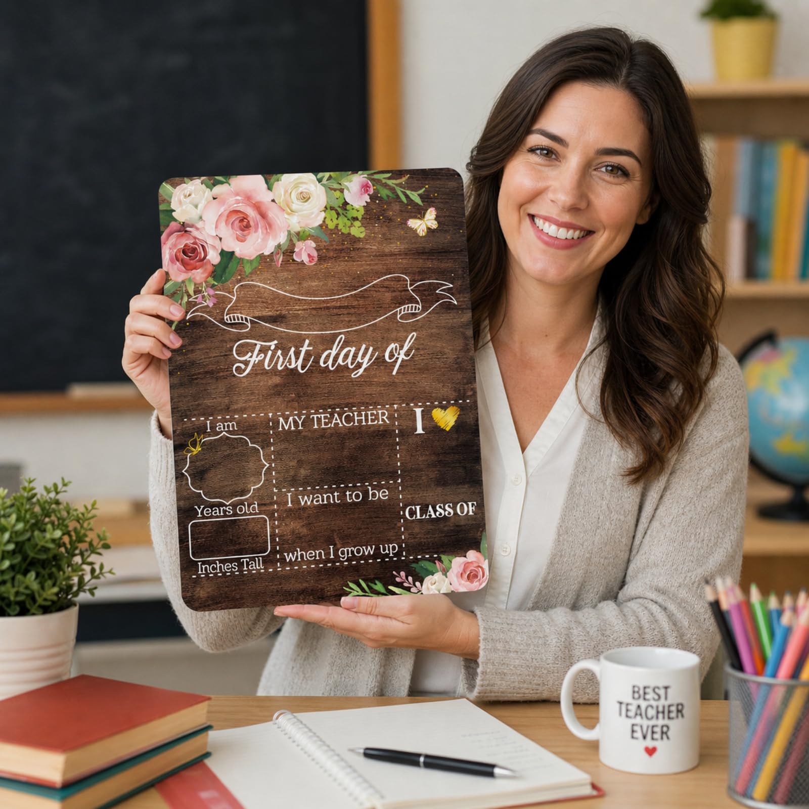 Tablero escolar para el primer día y el último día cartel floral para el primer día de escuela tablero de tiza de madera para el primer día pizarra escolar para niños preescolar 13.8 x 9.8 pulgadas