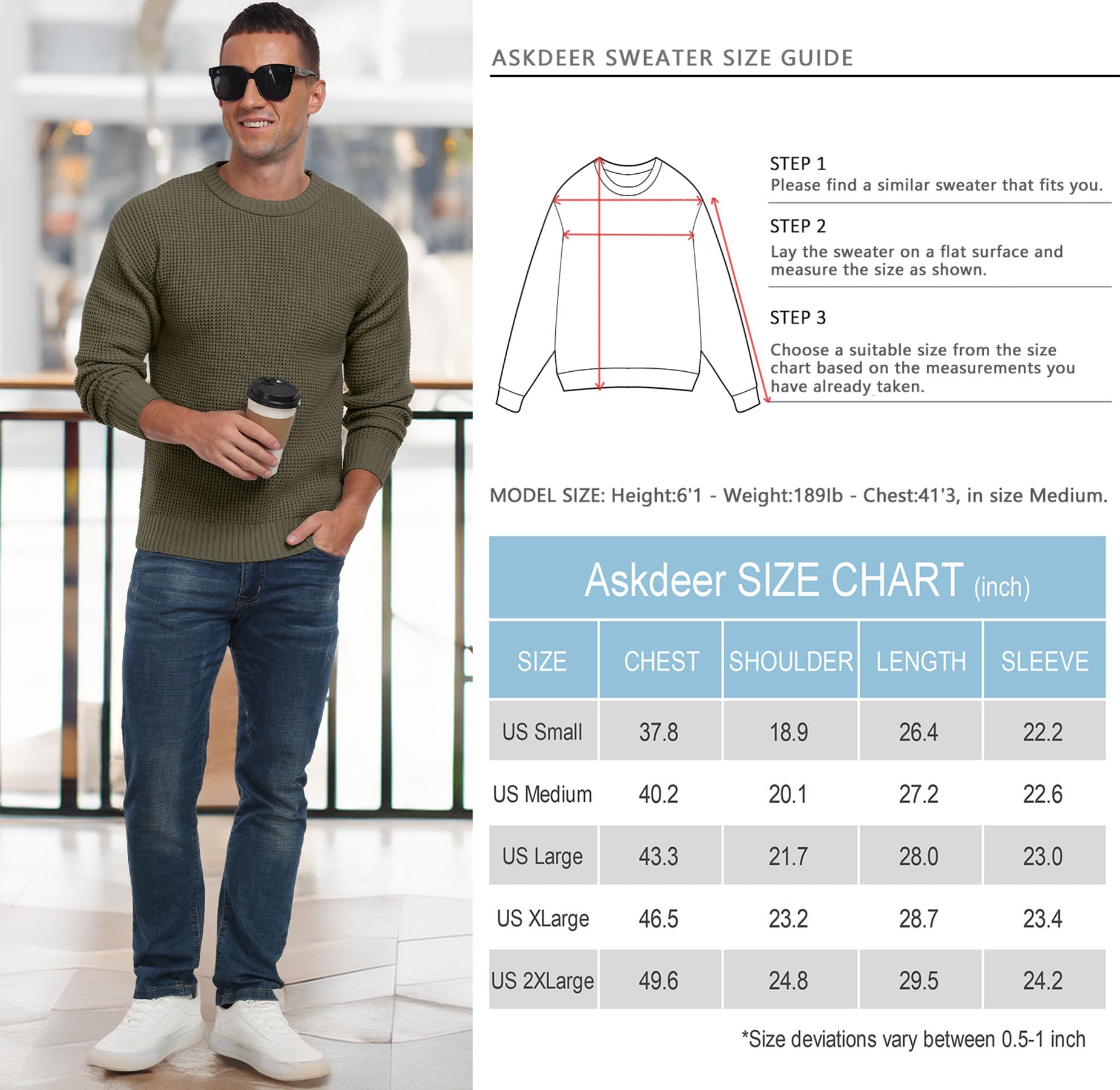 Askdeer Suéter informal de punto de manga larga con cuello redondo y textura gofre para hombre