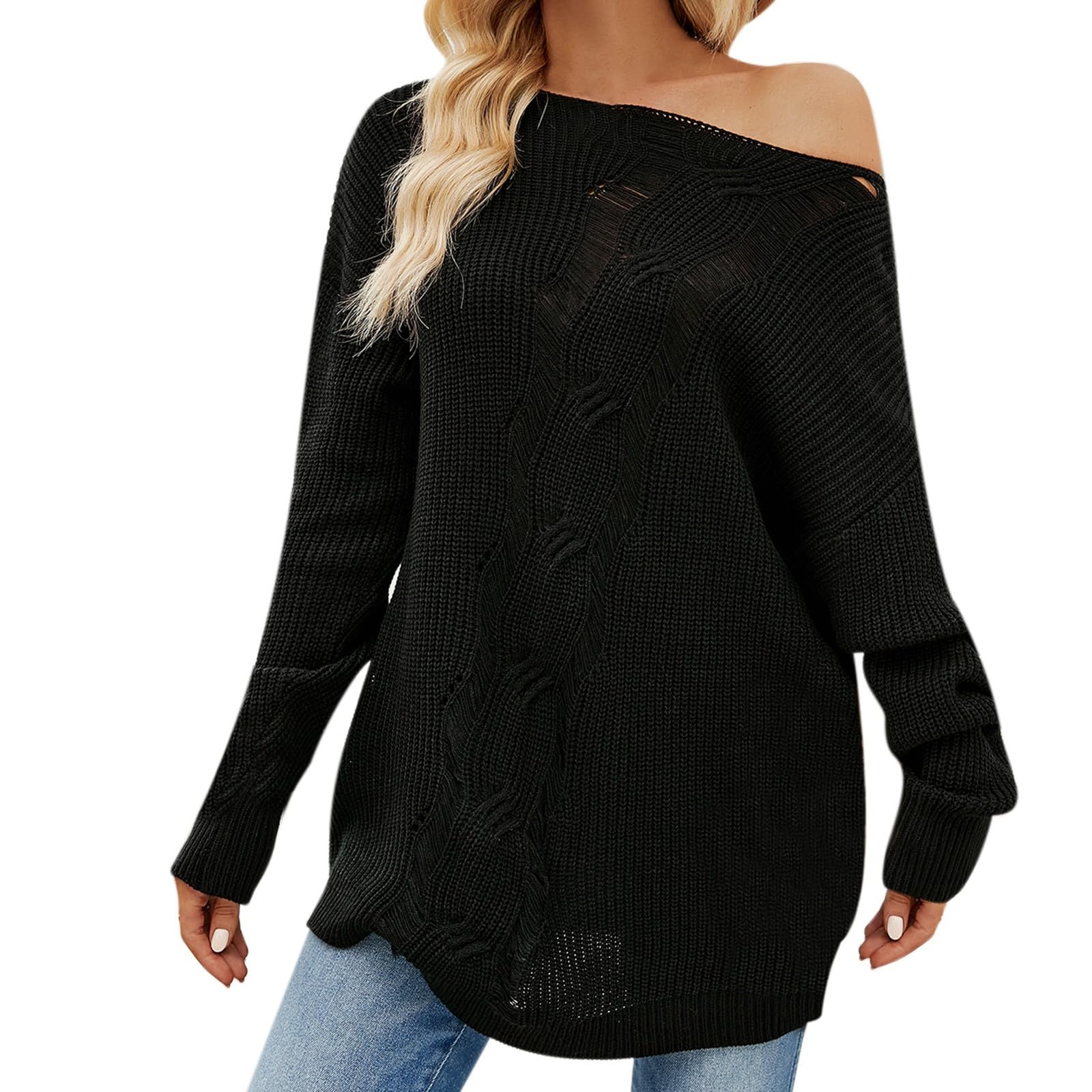 Ladies' Fashionable Pure Color Drawstring Knit Sweater: Loose Pullover Sweater Sweatshirt