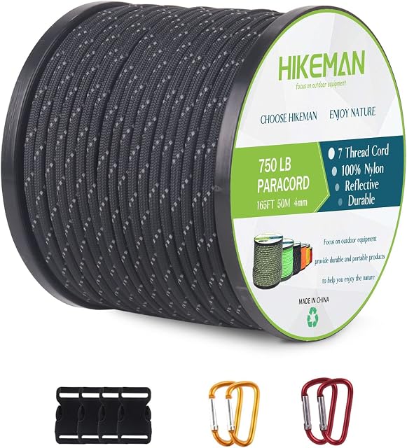 HIKEMAN Nylon 750Lb Paracord 4mm Cord - 50m Parachute Cord with 7 Wires,Multifunction Reflective Outdoor Survival para cord(Black)