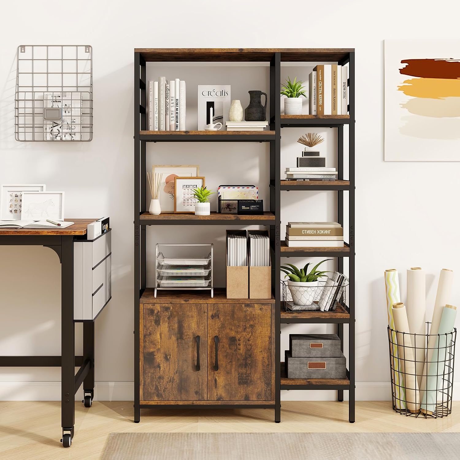 LOKO Double Column 8-Tier Bookshelf, 55.5" Tall Open Bookshelf, Industrial Etagere Bookcase with 2-Door Cabinet, Anti-tipping Device, Freestanding Display Shelving Unit for Living Room, Kitchen, Study