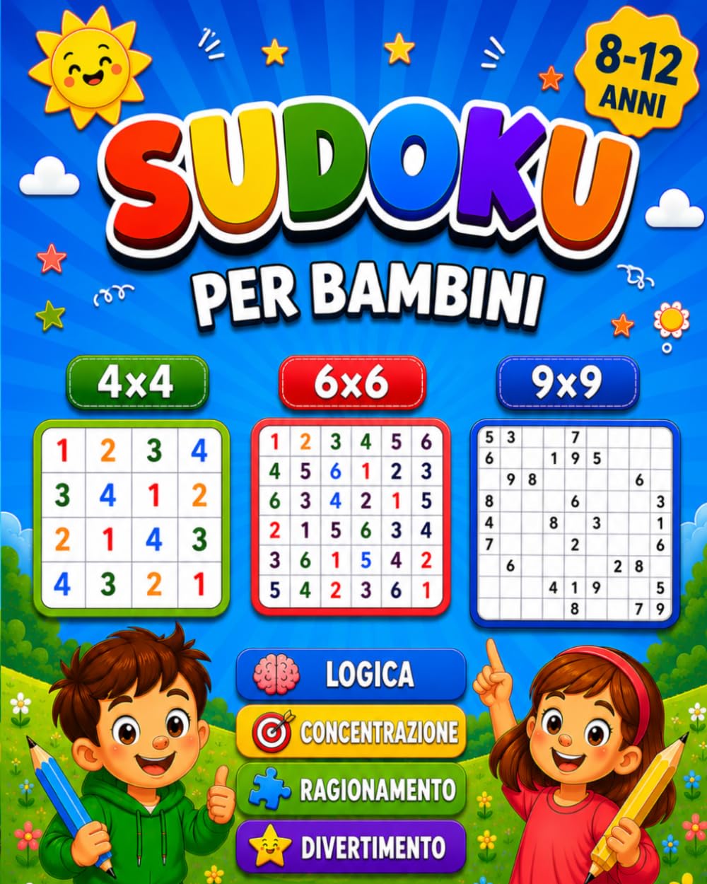 Sudoku per bambini 8 -12 anni: Sudoku 4x4, 6x6 e 9x9 con 5 livelli di difficoltà progressivi.