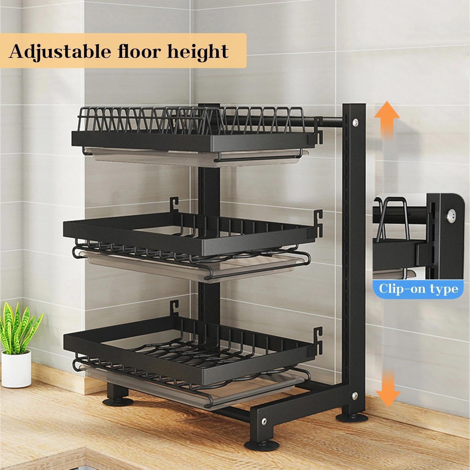 Geschirrabtropfgestell – Multifunktionales, verstellbares und platzsparendes Geschirrabtropfgestell mit Besteckhalter, Abnehmbarer Abtropffläche und rostfreiem Metall(Black,2 Tier)
