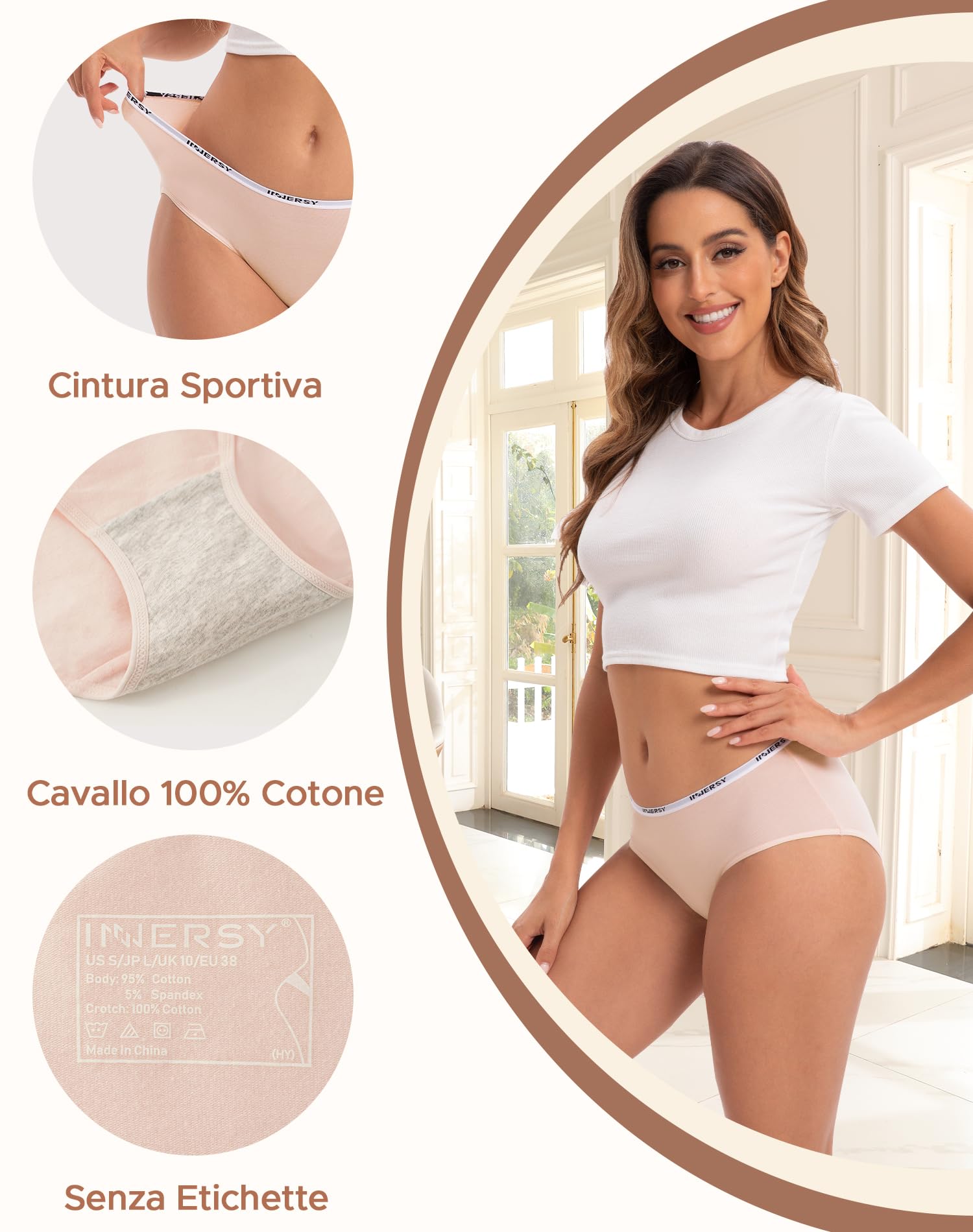INNERSY Mutande Donna Cotone Slip a Vita Media Intimo Sportivo Culotte Comode Pacco da 6