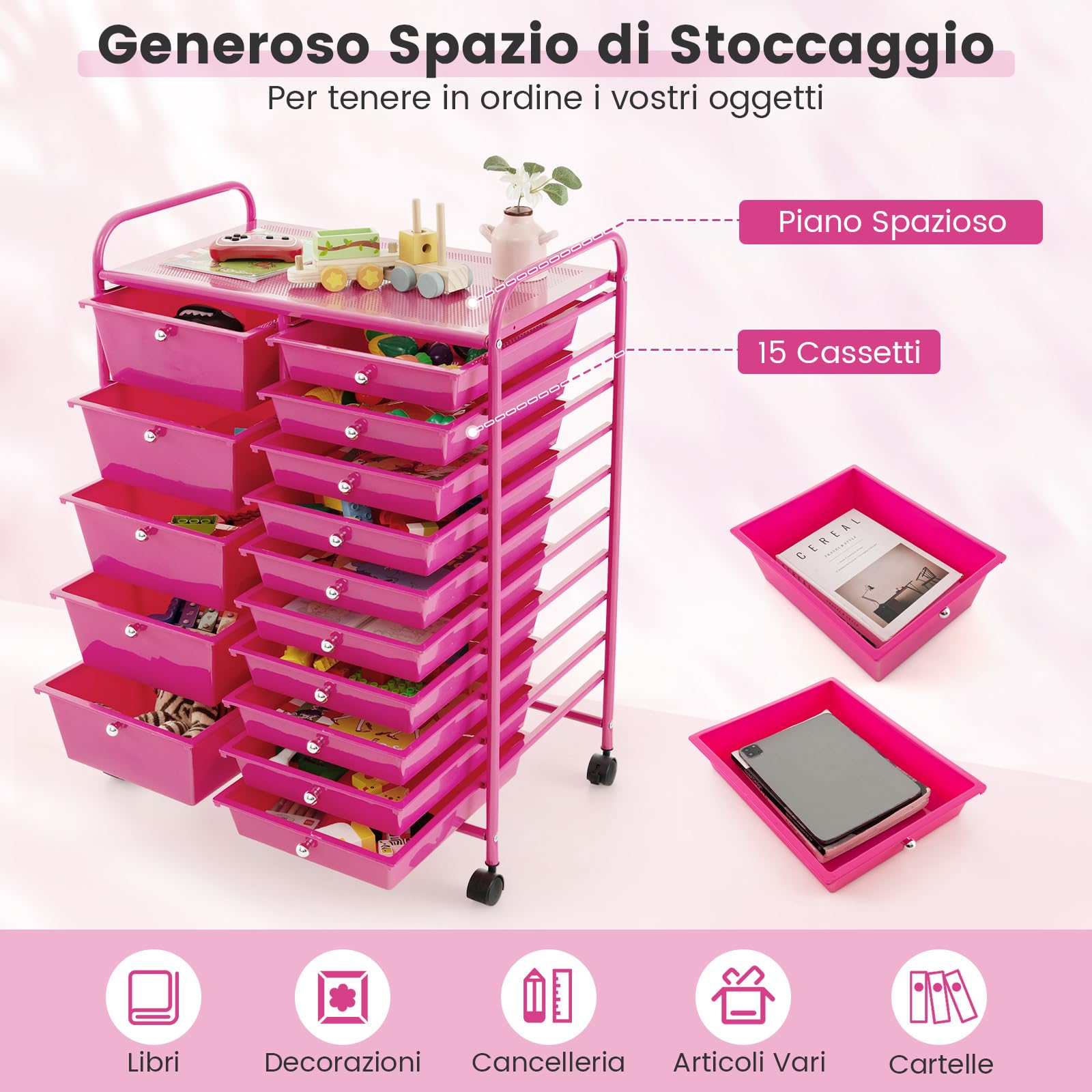 GIANTEX Carrelli Porta Oggetti, con 10+5 Cassetti Impilabili, 2 Ruote Bloccabili, Braccioli Metallici, Portabile e Pratico, per Ufficio, Studio, Cucina,Bagno, 5 Colori Disponibili, 62,5x37x87 cm