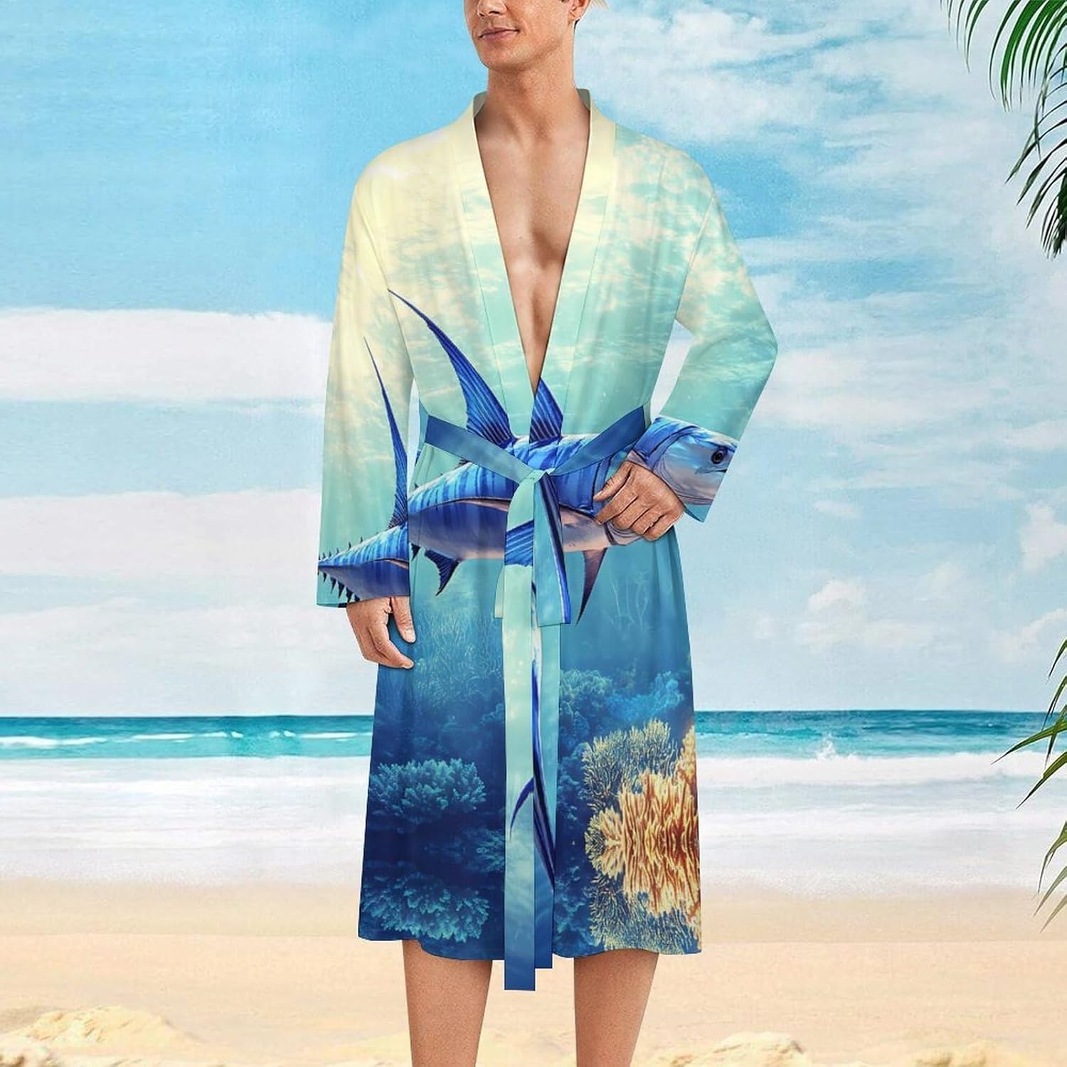 Blue Marlin Fish Mens Robe Long Bathrobe for Women Bath Robes Lightweight Soft Printed Sleepwear