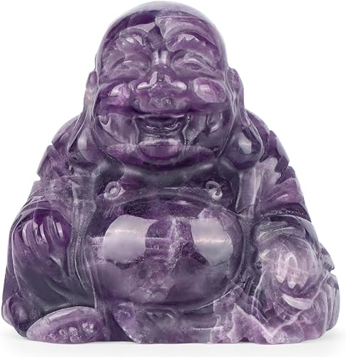 Artistone Estatua de Buda de cristal de amatista de 2 pulgadas tallada a mano, bolsillo sentado Maitreya Laughing Happy Buddha, figura de piedra