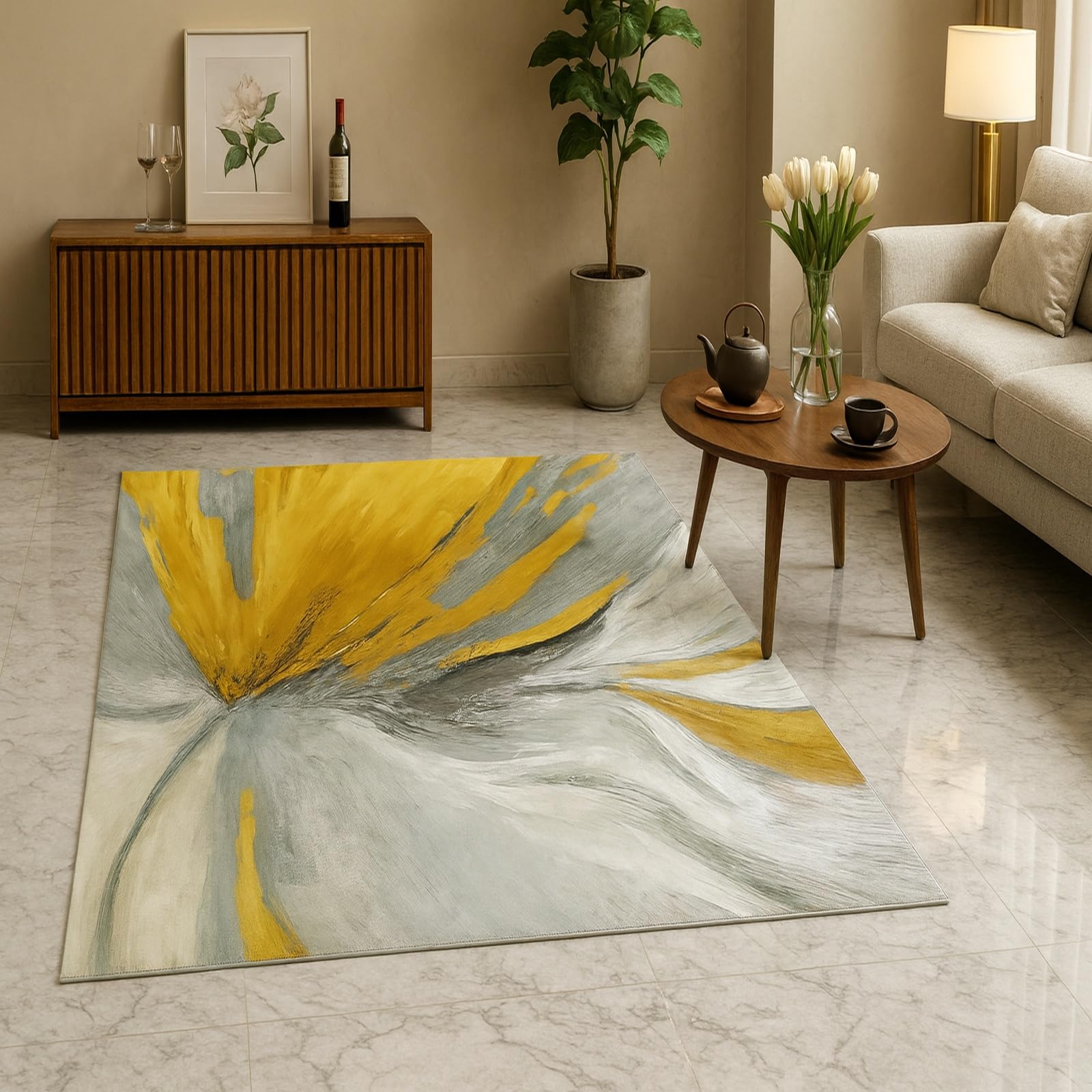 Tapis antidérapant lavable 150x180 cm abstrait jaune pour un salon sécurisé