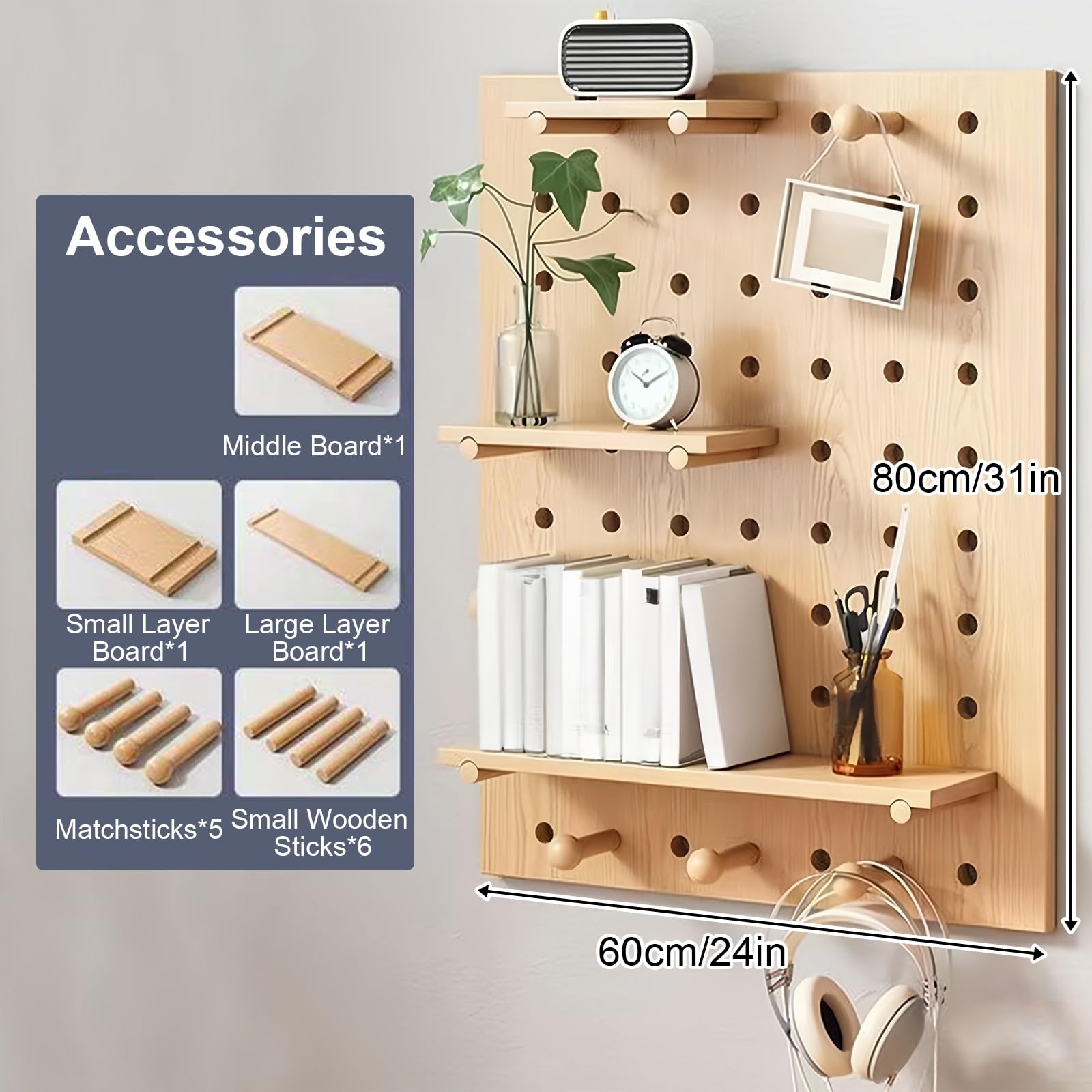 Lochwand-Kombinationsset, Pegboard-Wandorganizer aus Holz für Büro, Wohnzimmer, Schlafzimmer, DIY-Aufbewahrung und Ausstellungstafeln(White)