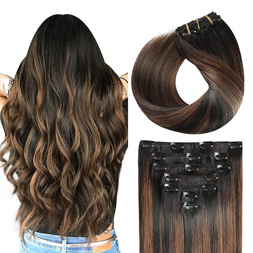 SUYYA Extensiones de cabello humano real con broches, 16 pulgadas, 4.23 oz, 7 unidades, sedoso y lacio, doble trama, balayage, negro natural a